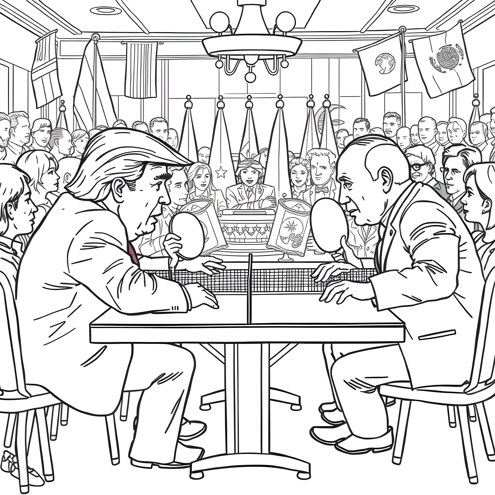 Donald Trump Playing Chess with Political Figures in a Crowded Room Coloring Page (free black-and-white line drawing printable PDF for all, from beginners to advanced learners, including children, teens, adults, and seniors)