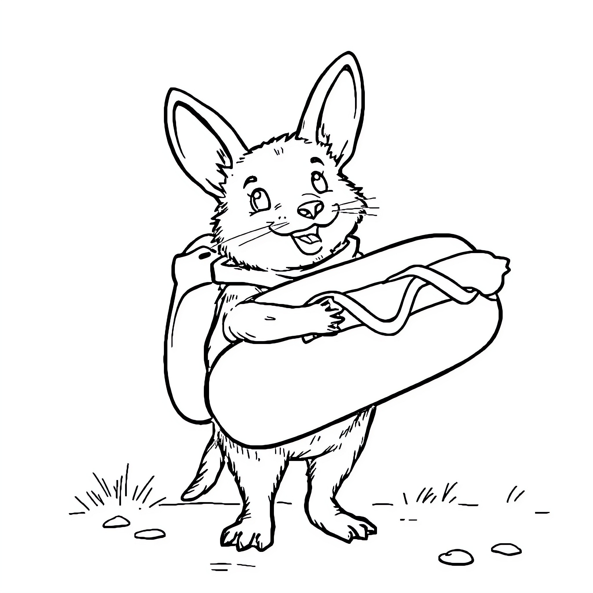 Dachshund happily holding a hot dog Coloring Page (free black-and-white line drawing printable PDF for all, from beginners to advanced learners, including children, teens, adults, and seniors)