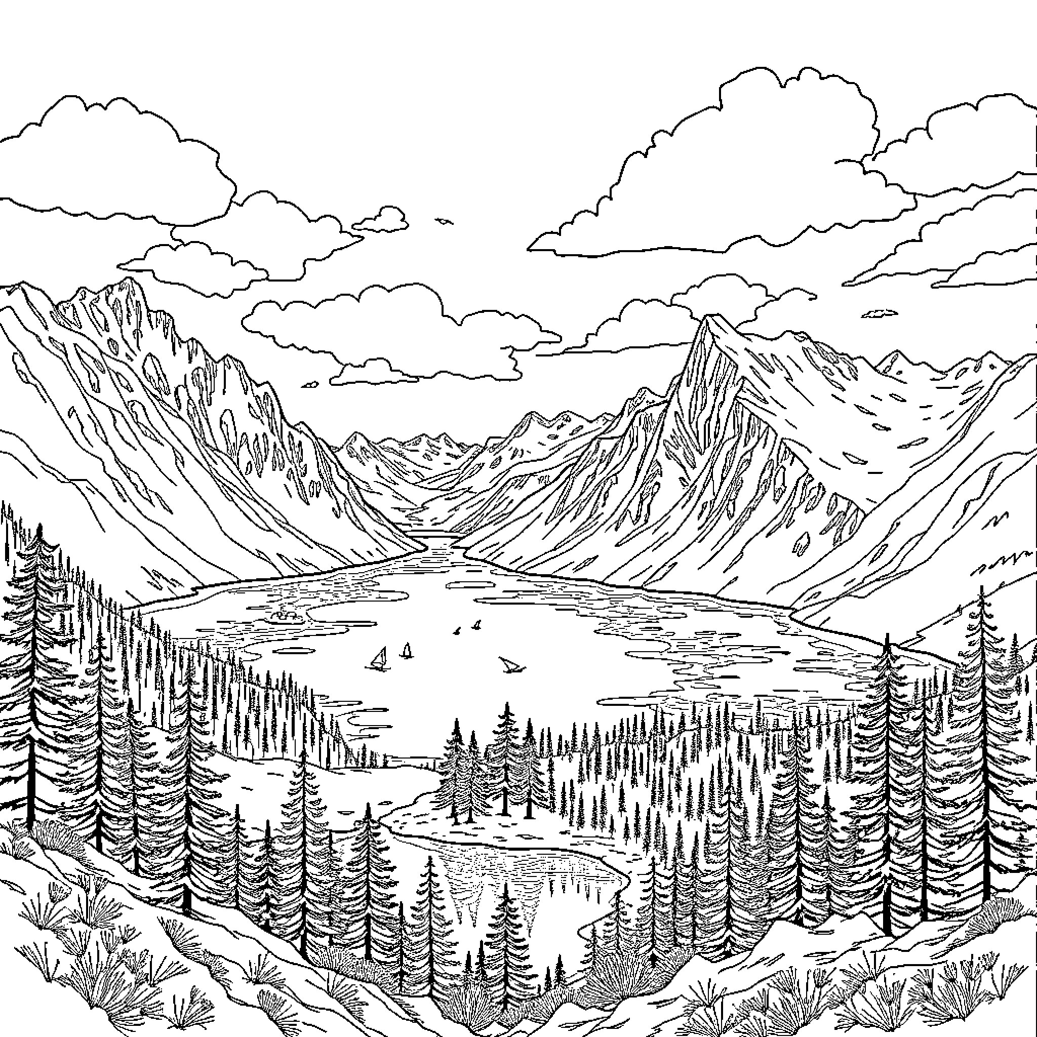 Mountain Landscape with Scenic Lake and Cloudy Sky Coloring Page (free black-and-white line drawing printable PDF for all, from beginners to advanced learners, including children, teens, adults, and seniors)