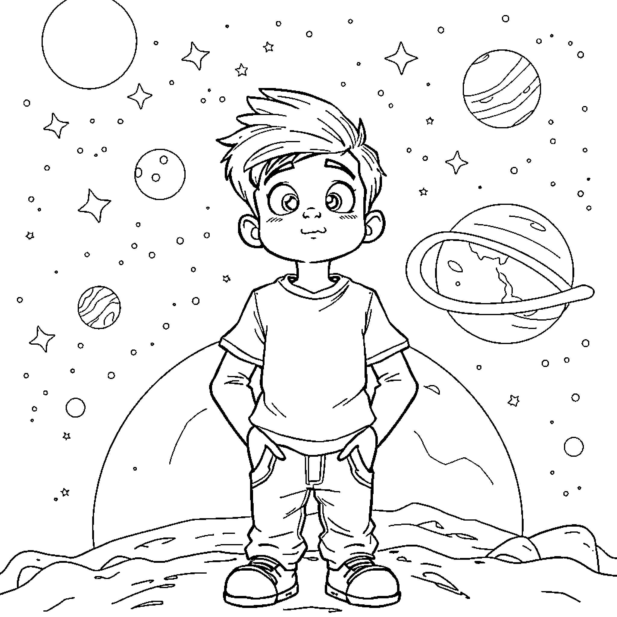 Caleb exploring the wonders of the universe Coloring Page (free black-and-white line drawing printable PDF for all, from beginners to advanced learners, including children, teens, adults, and seniors)