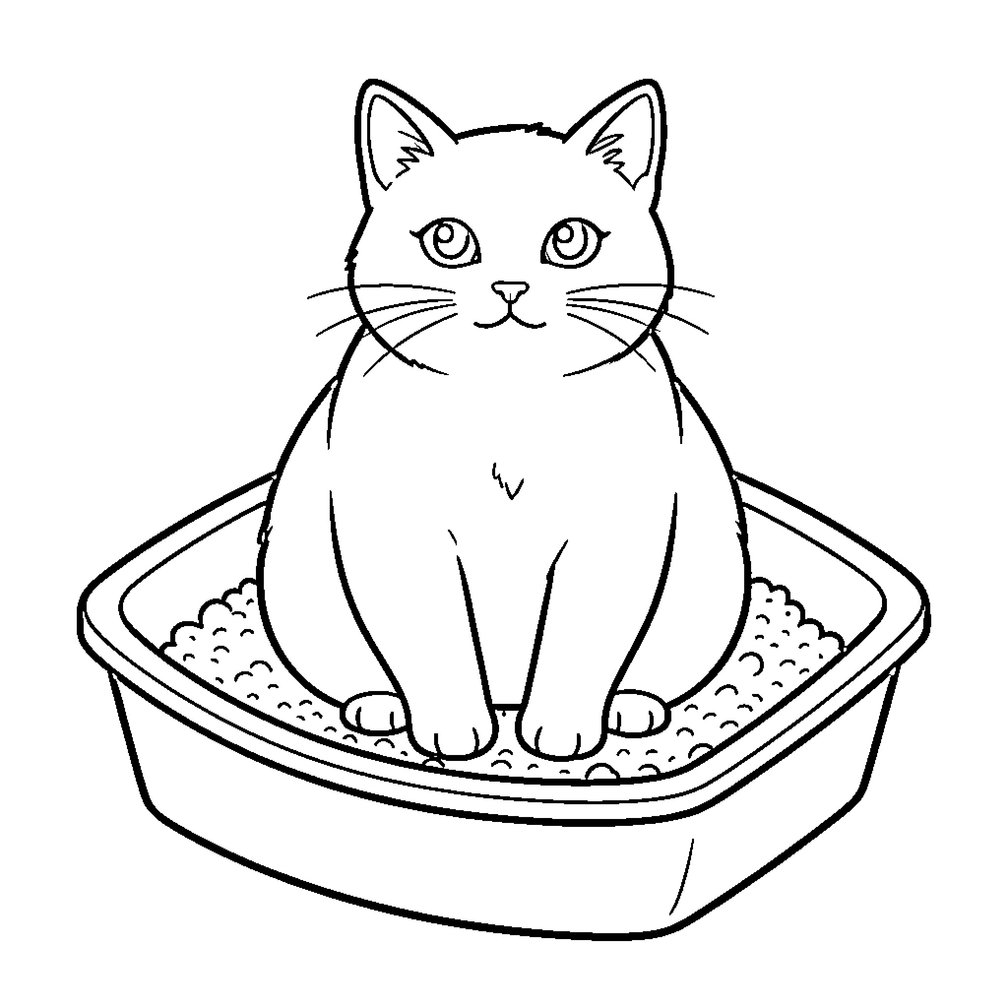 Cat sitting in litter box Coloring Page (free black-and-white line drawing printable PDF for all, from beginners to advanced learners, including children, teens, adults, and seniors)