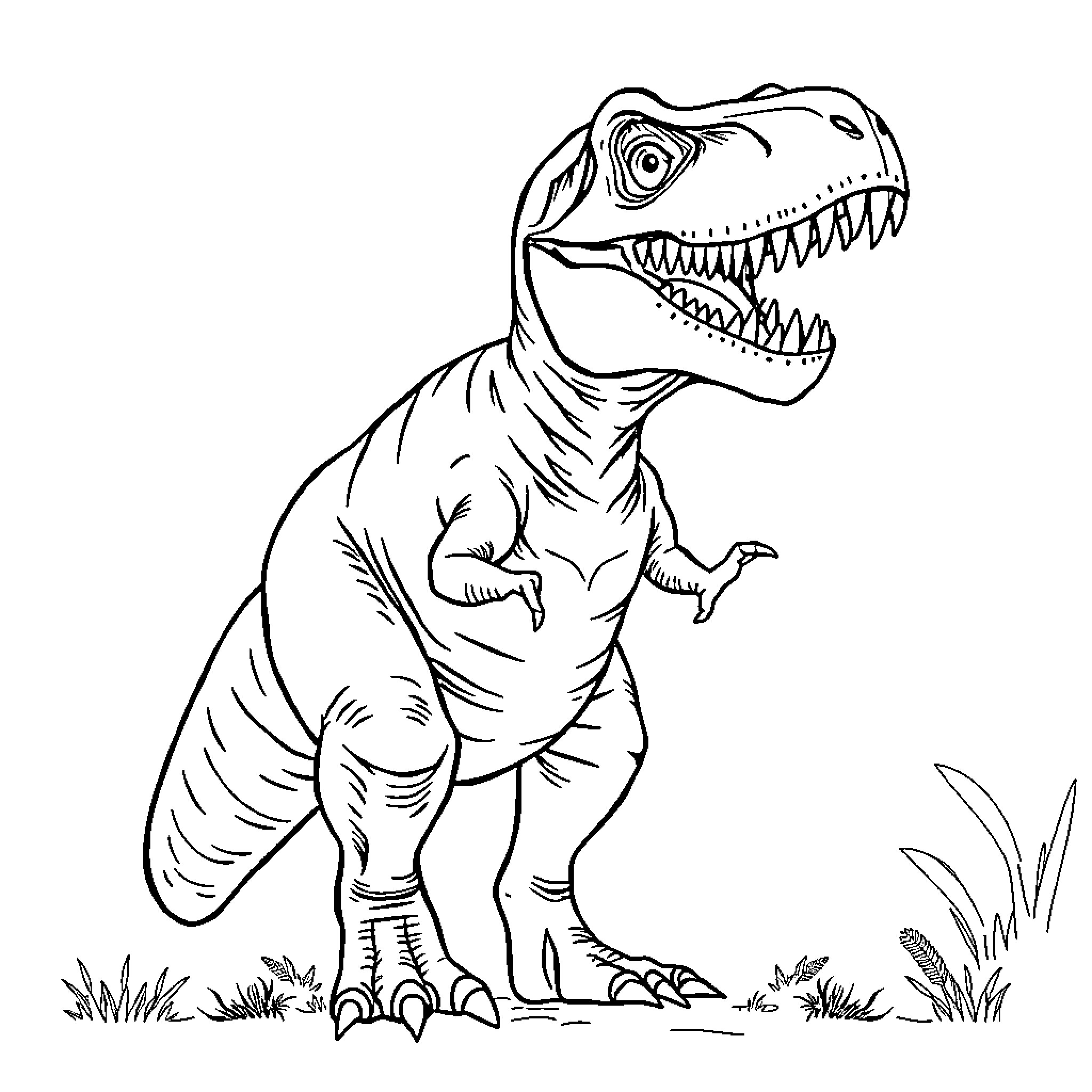 T-Rex Ferociously Roaring in Prehistoric Landscape Coloring Page (free black-and-white line drawing printable PDF for all, from beginners to advanced learners, including children, teens, adults, and seniors)