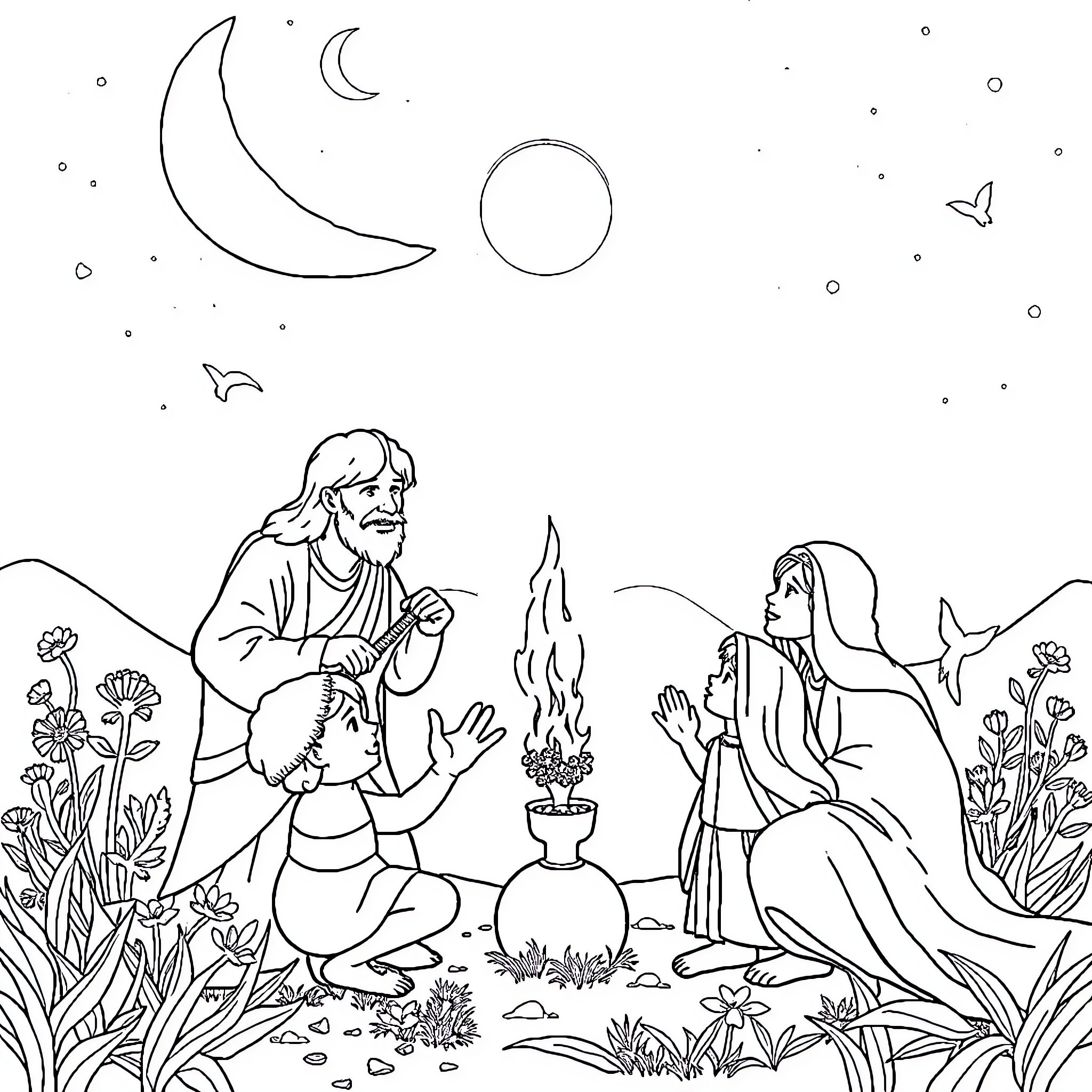 Bible Story of Elderly Man Teaching Young Woman by Campfire Coloring Page (free black-and-white line drawing printable PDF for all, from beginners to advanced learners, including children, teens, adults, and seniors)