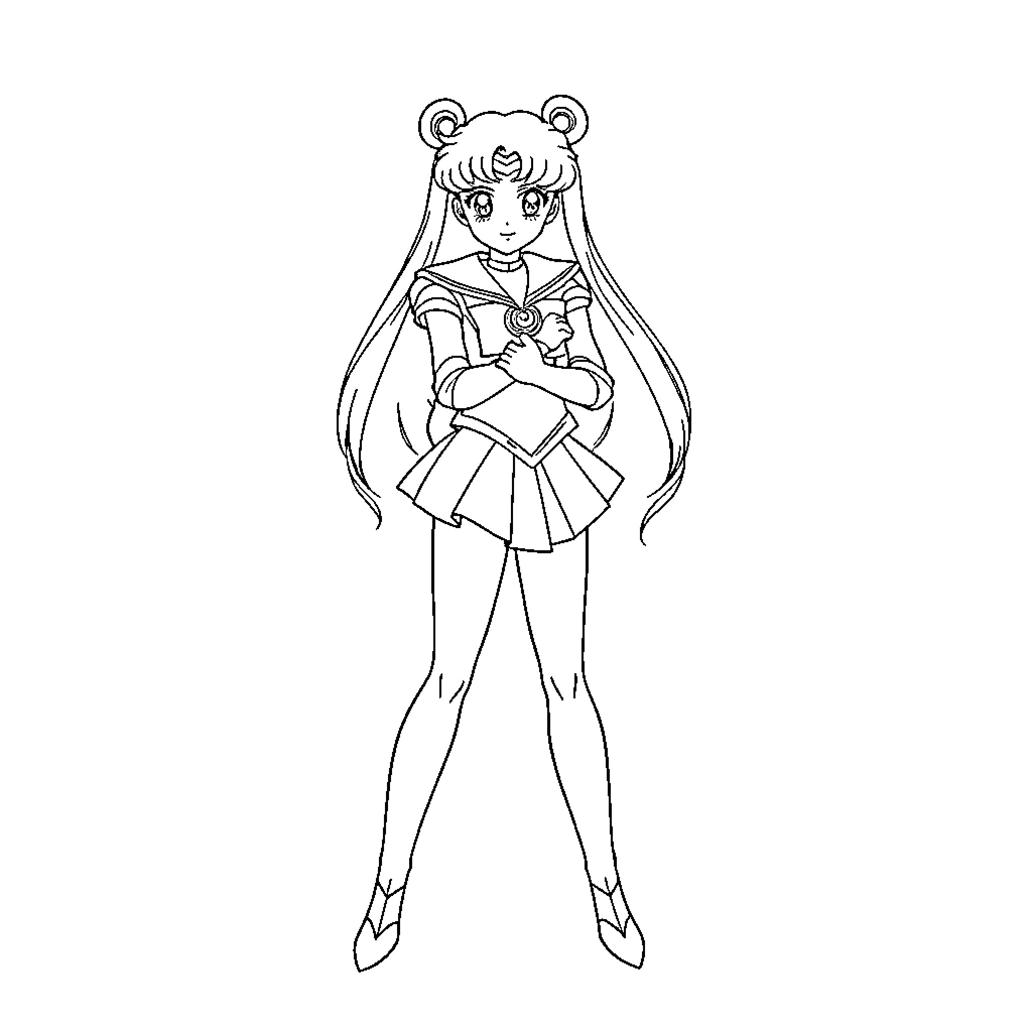 Sailor Moon Striking a Dramatic Pose Coloring Page (free black-and-white line drawing printable PDF for all, from beginners to advanced learners, including children, teens, adults, and seniors)