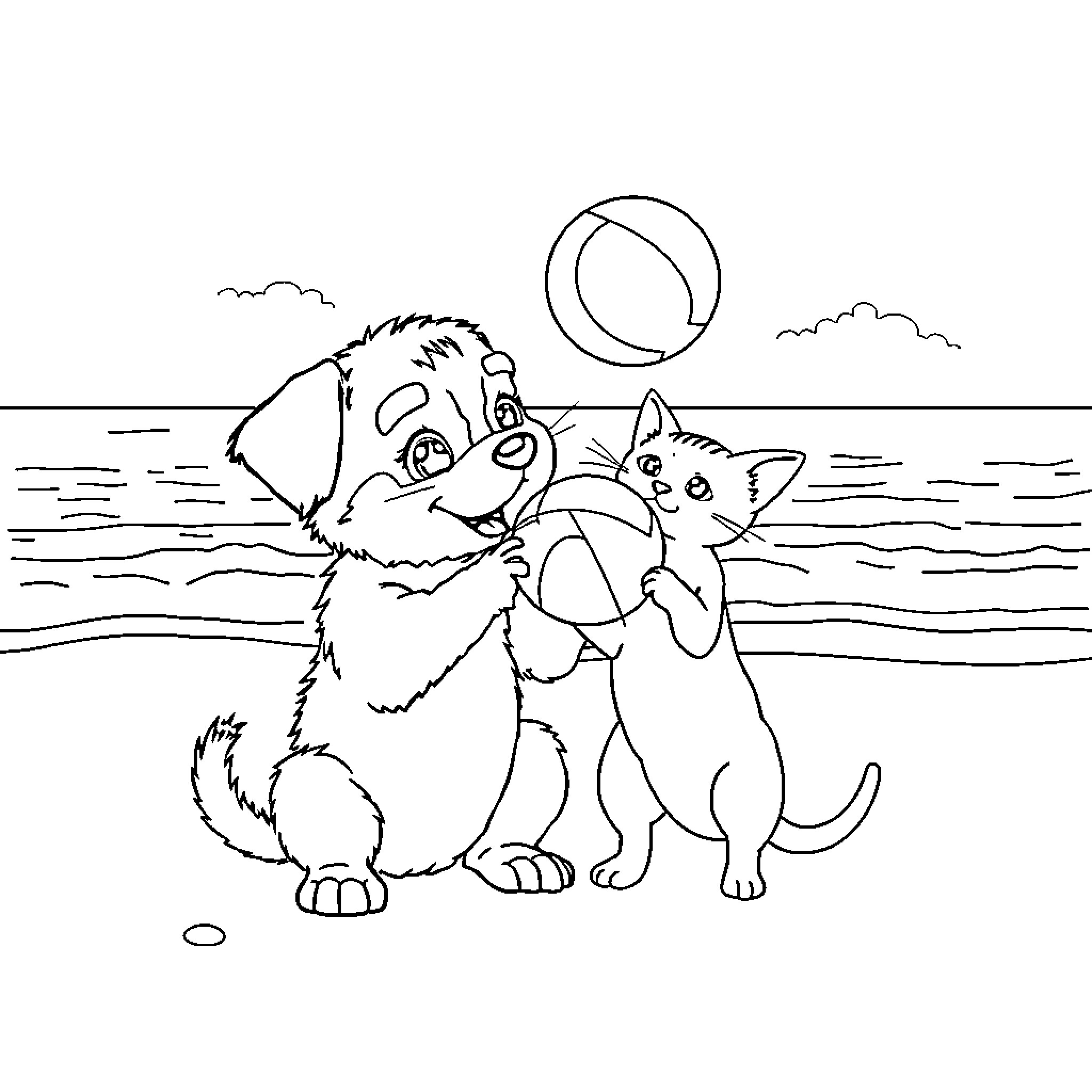Perro and cat playing with ball at the beach Coloring Page (free black-and-white line drawing printable PDF for all, from beginners to advanced learners, including children, teens, adults, and seniors)