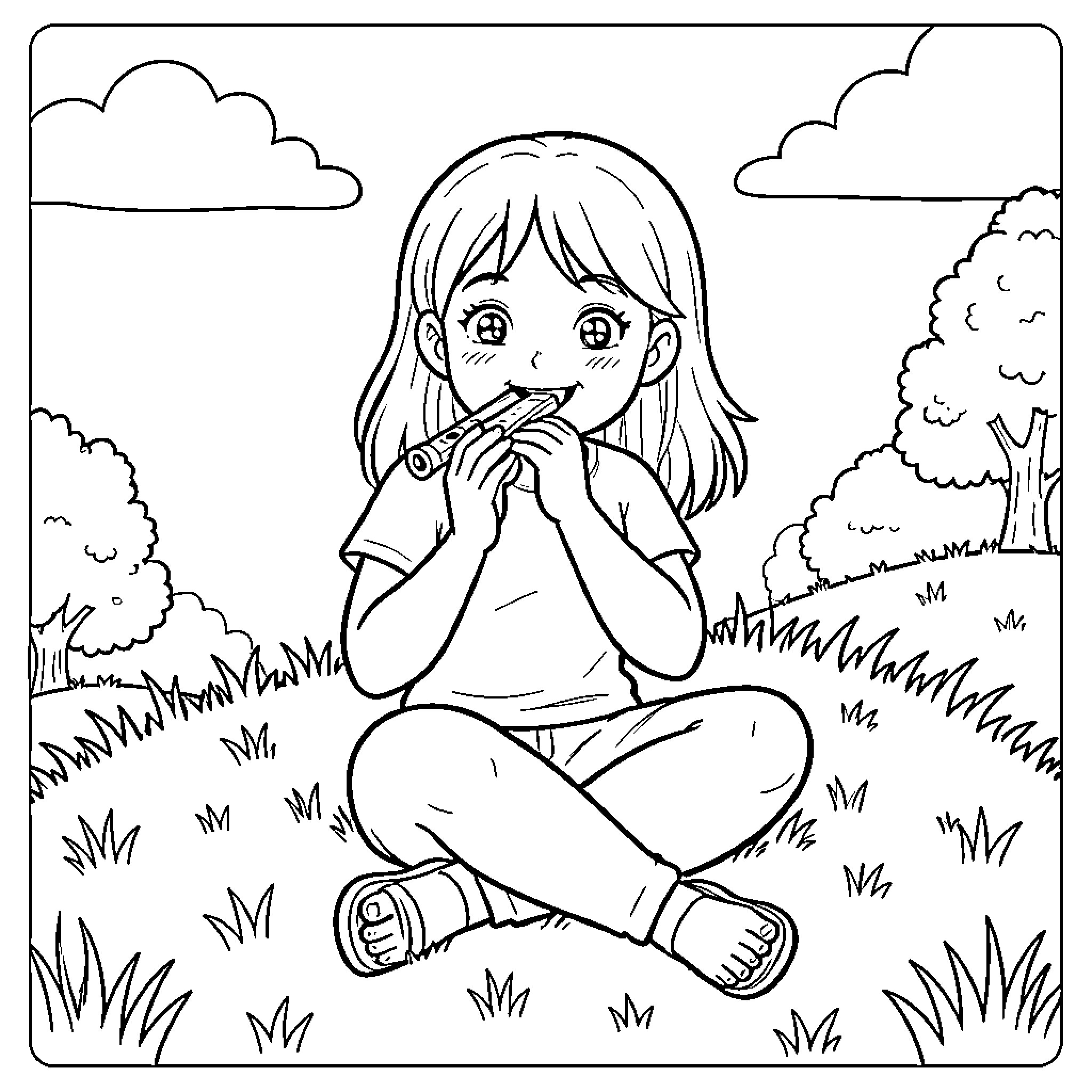 Girl sitting and smiling in a grassy field Coloring Page (free black-and-white line drawing printable PDF for all, from beginners to advanced learners, including children, teens, adults, and seniors)