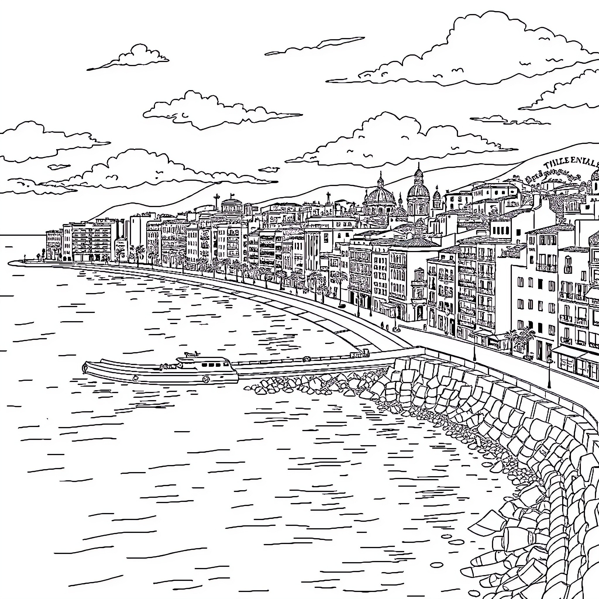 City skyline with bustling harbor and boats Coloring Page (free black-and-white line drawing printable PDF for all, from beginners to advanced learners, including children, teens, adults, and seniors)