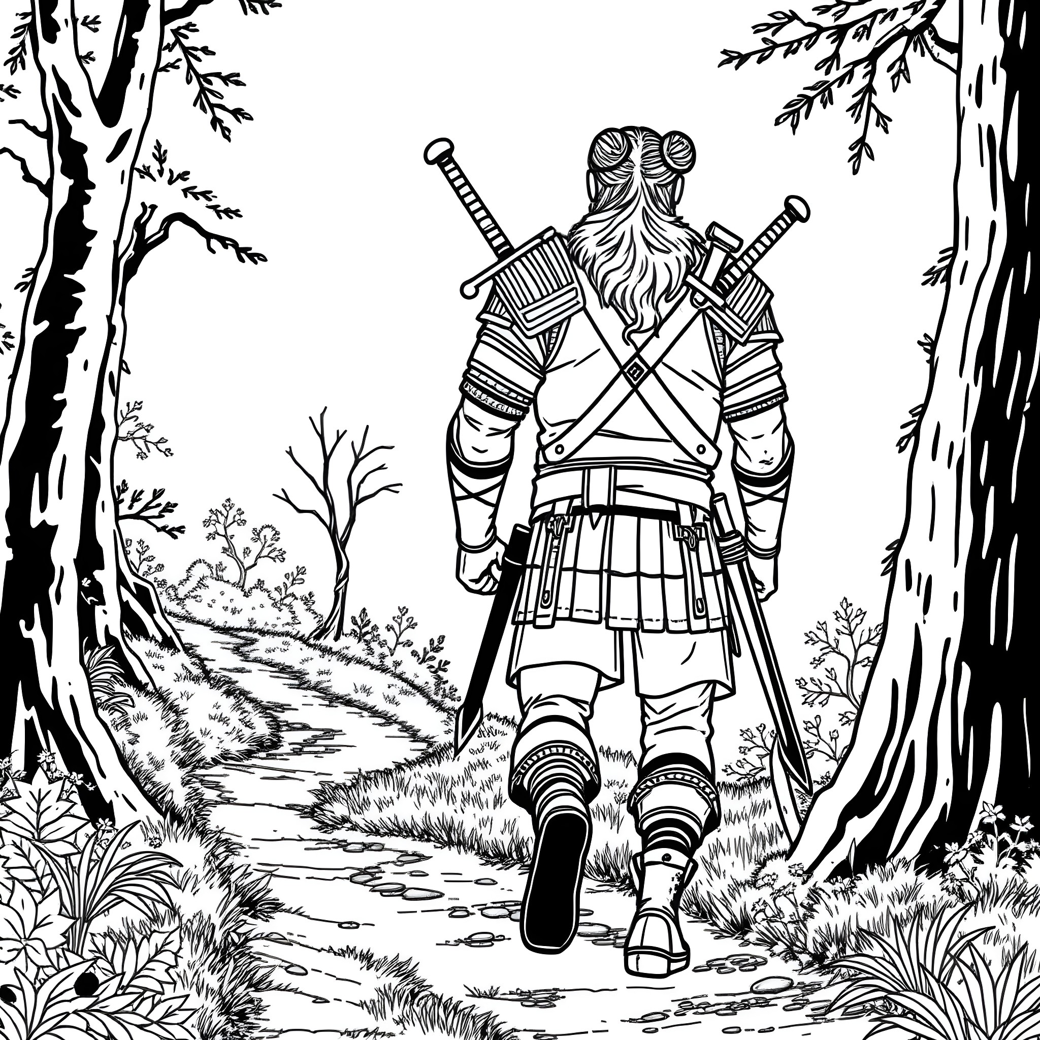 Geralt's Journey Through the Enchanted Forest Coloring Page (free black-and-white line drawing printable PDF for all, from beginners to advanced learners, including children, teens, adults, and seniors)