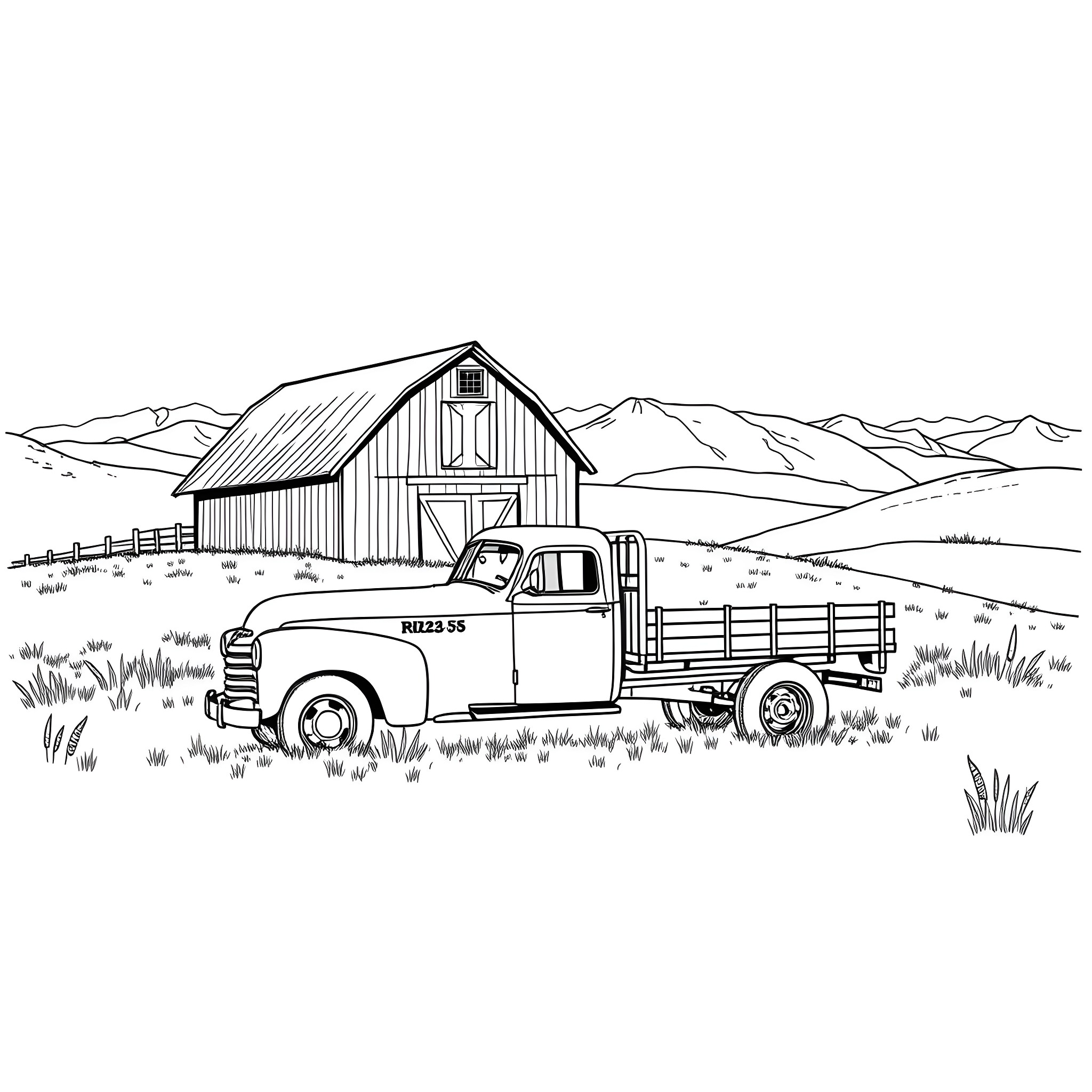 Flatbed truck in rural landscape with barn Coloring Page (free black-and-white line drawing printable PDF for all, from beginners to advanced learners, including children, teens, adults, and seniors)