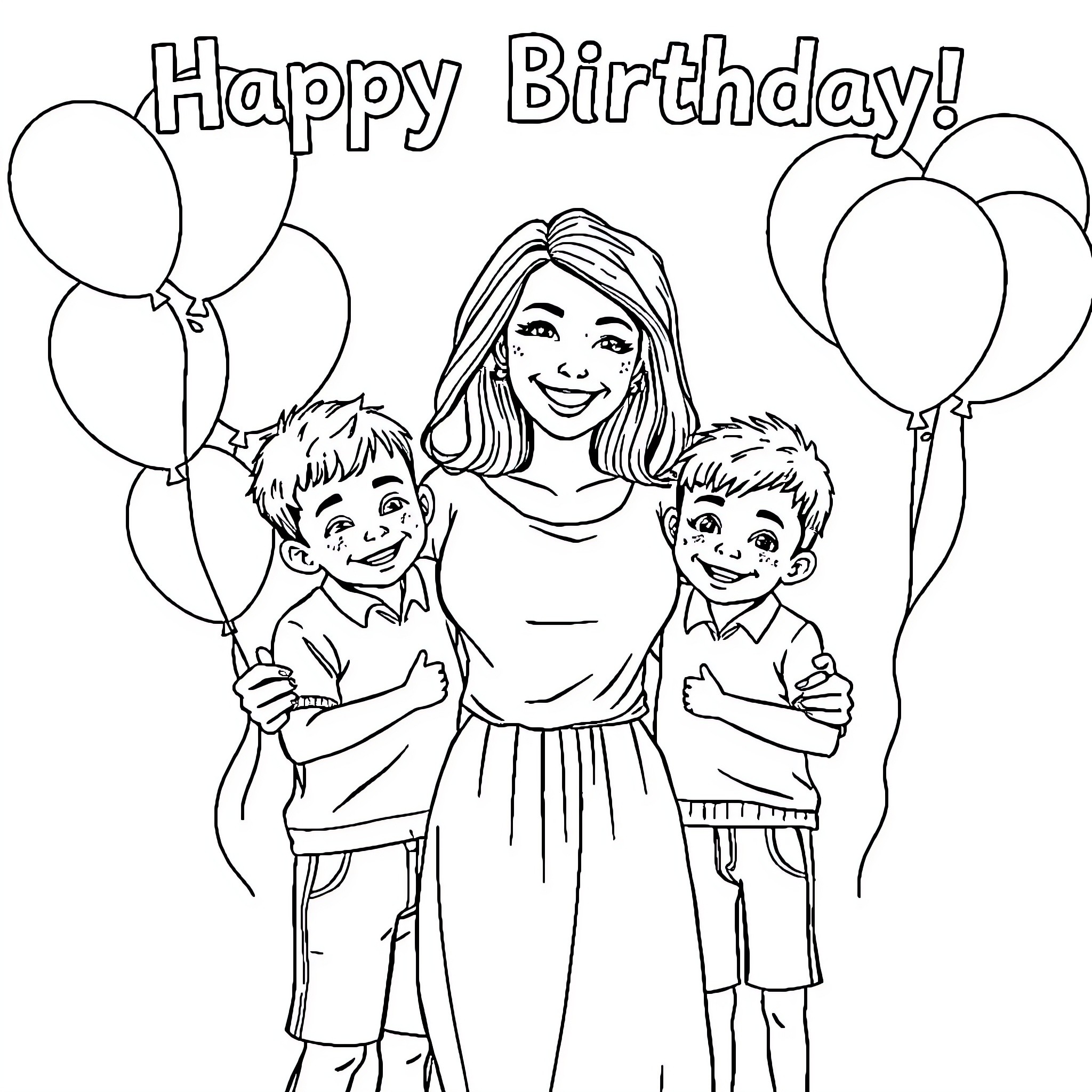 Mom celebrating birthday with her happy children Coloring Page (free black-and-white line drawing printable PDF for all, from beginners to advanced learners, including children, teens, adults, and seniors)