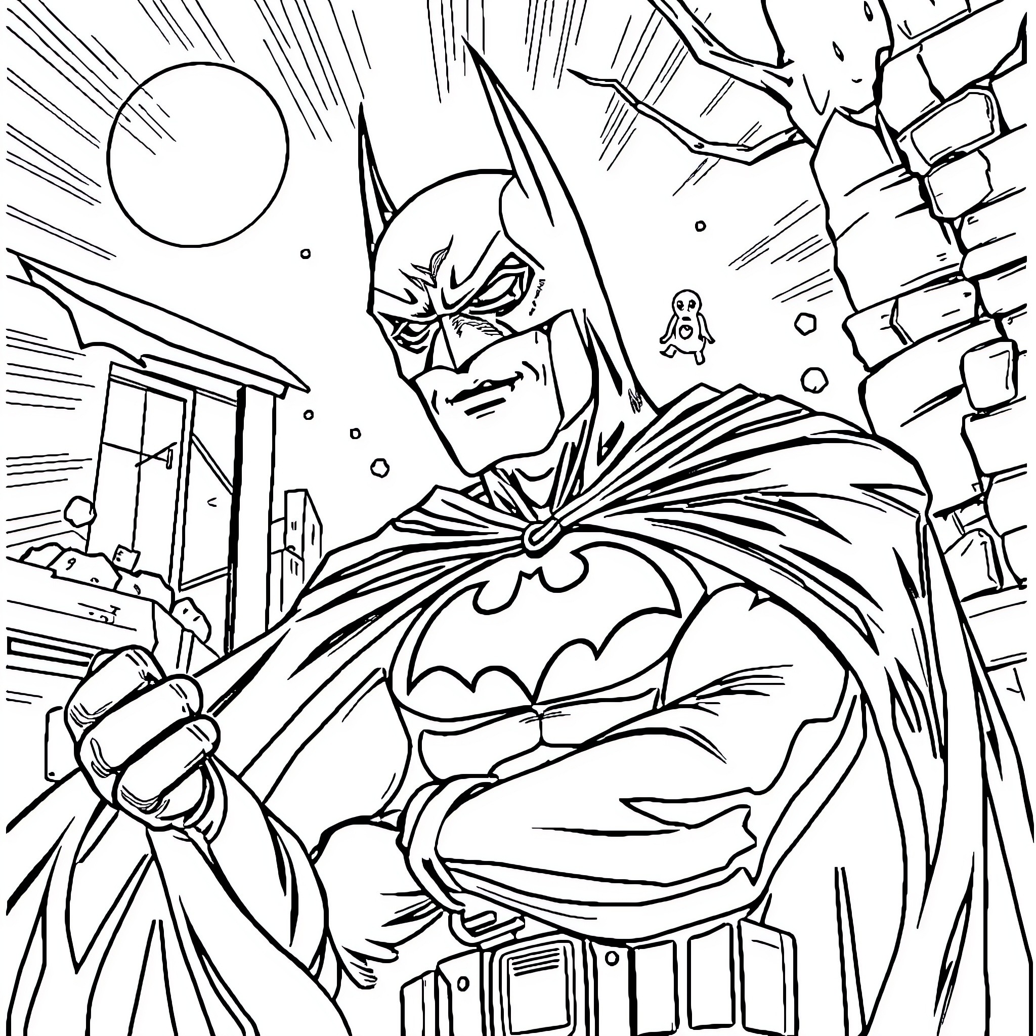 Batman in heroic action pose with city backdrop Coloring Page (free black-and-white line drawing printable PDF for all, from beginners to advanced learners, including children, teens, adults, and seniors)