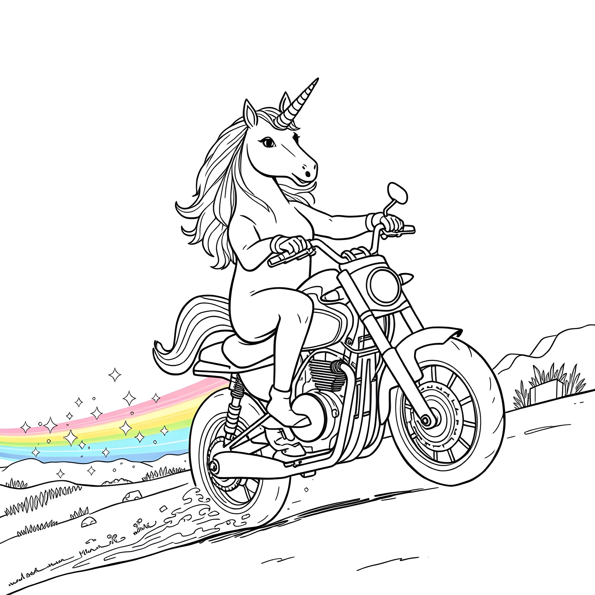 Unicorn riding a motorcycle on a scenic road Coloring Page (free black-and-white line drawing printable PDF for all, from beginners to advanced learners, including children, teens, adults, and seniors)