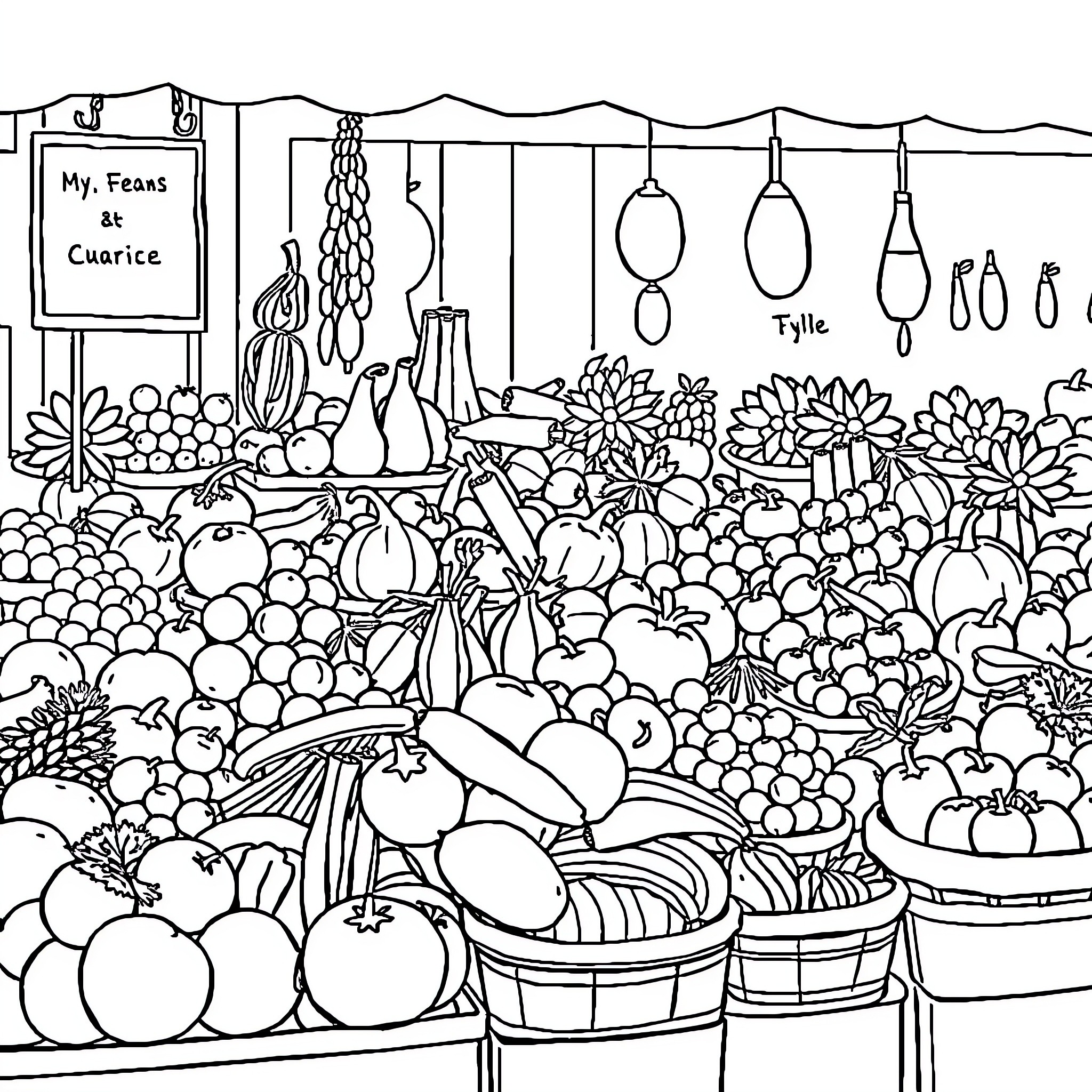 Fruit and Vegetable Market Abundance Coloring Page (free black-and-white line drawing printable PDF for all, from beginners to advanced learners, including children, teens, adults, and seniors)