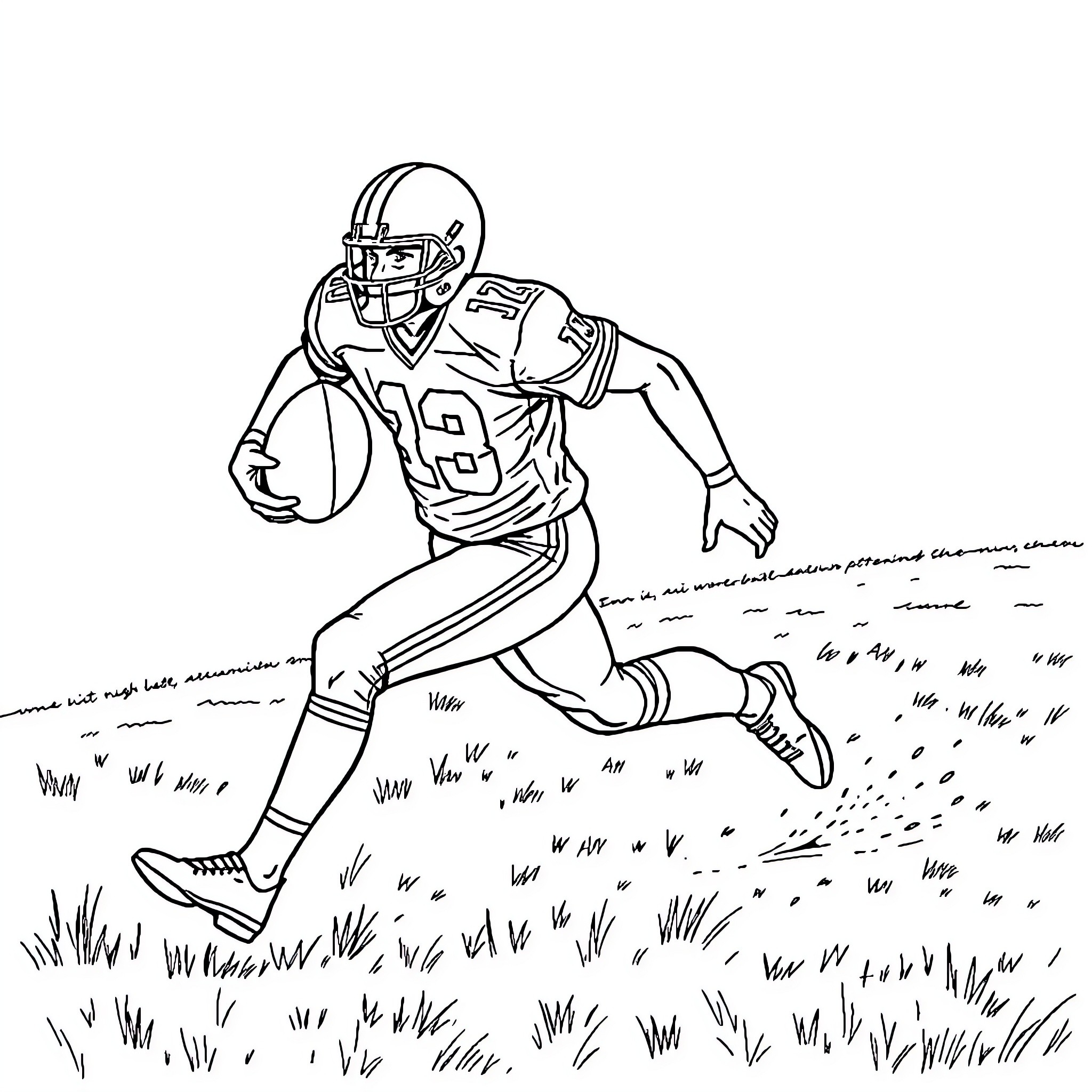 Football Player Running Through the Field Coloring Page (free black-and-white line drawing printable PDF for all, from beginners to advanced learners, including children, teens, adults, and seniors)