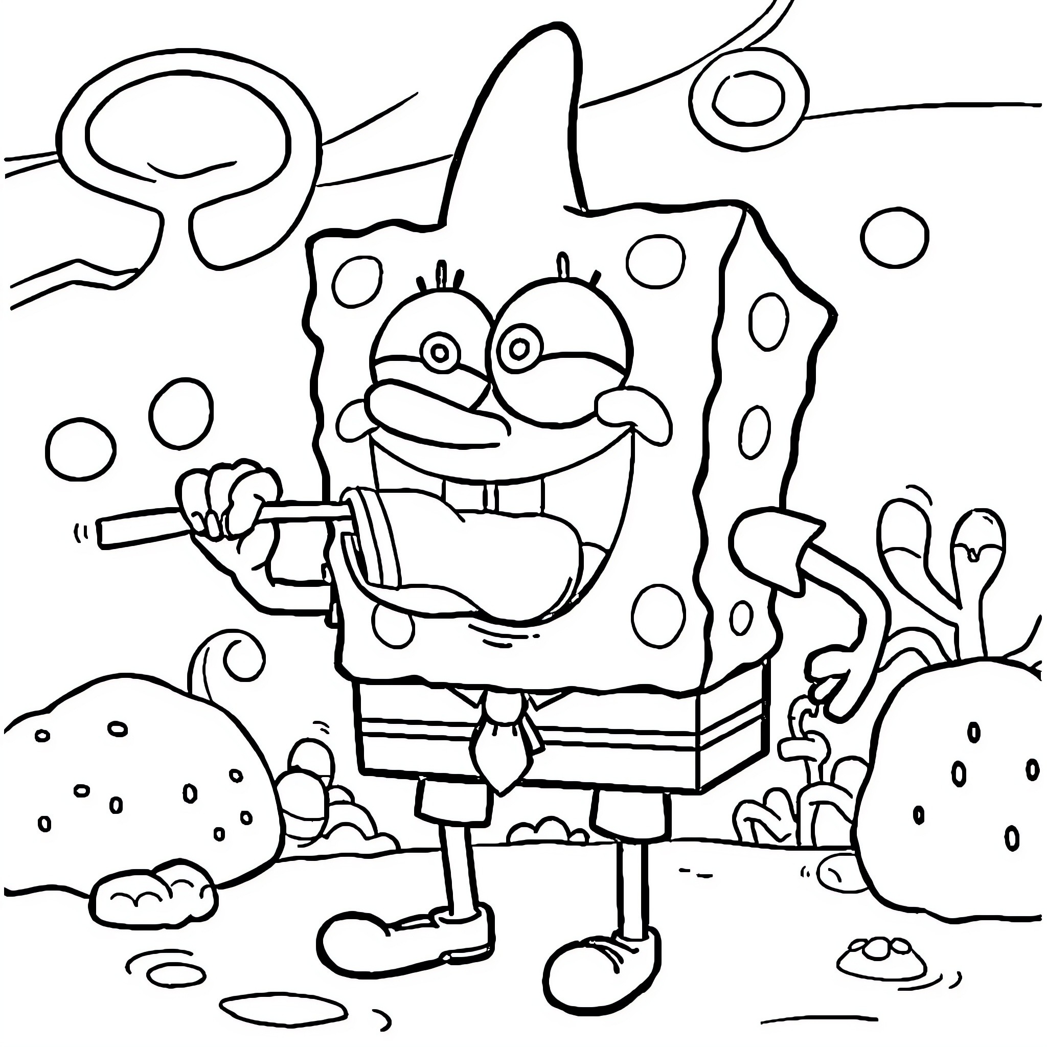 Spongebob playing with his underwater friends Coloring Page (free black-and-white line drawing printable PDF for all, from beginners to advanced learners, including children, teens, adults, and seniors)