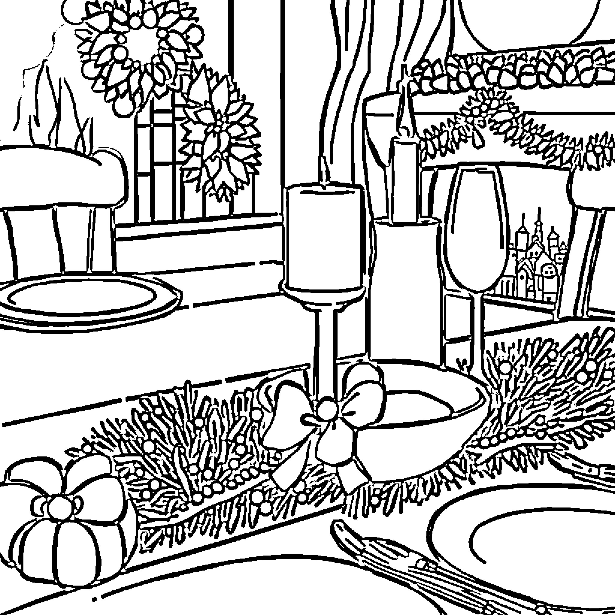 Christmas Decorations and Floral Arrangement Coloring Page (free black-and-white line drawing printable PDF for all, from beginners to advanced learners, including children, teens, adults, and seniors)