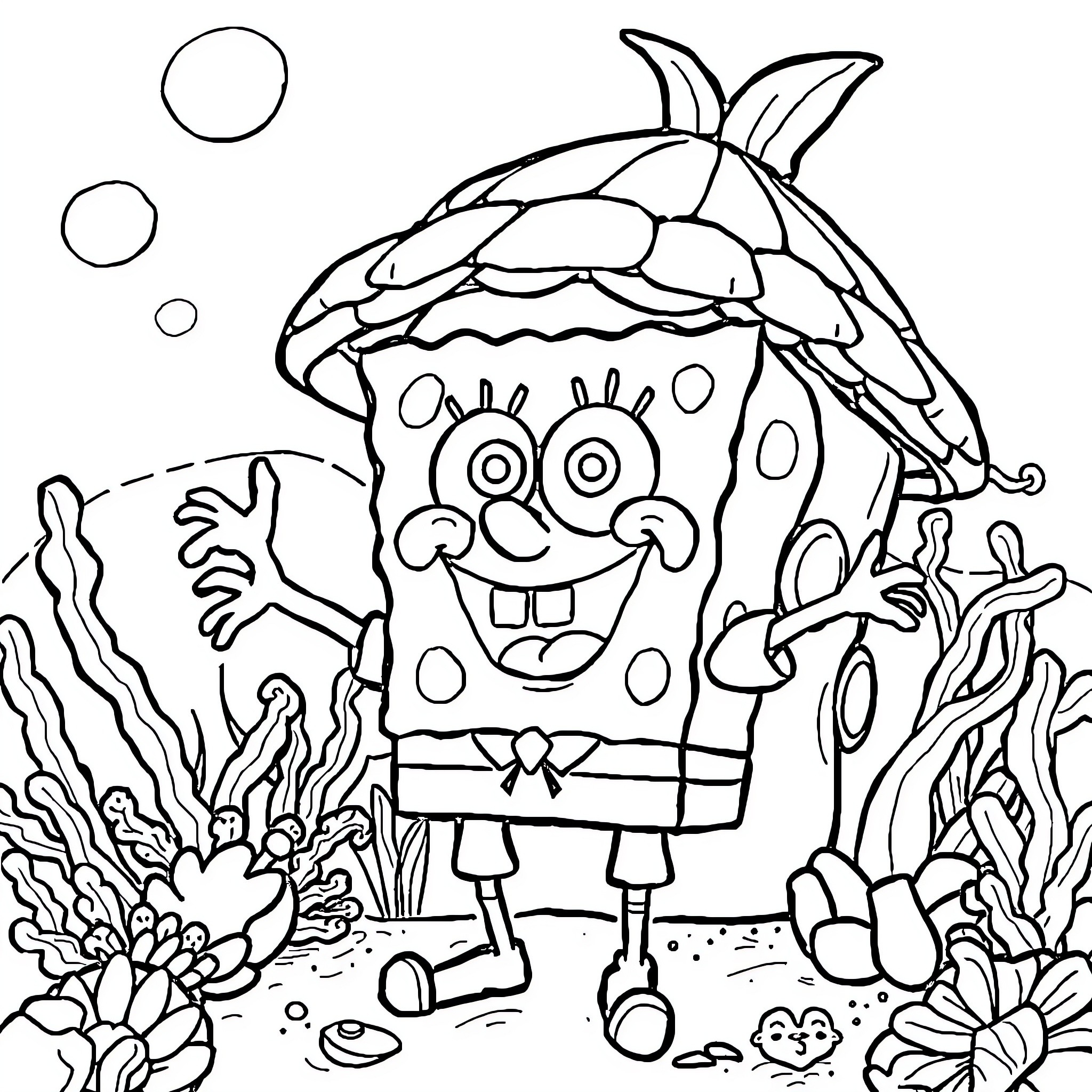 Spongebob in an underwater scene with coral and bubbles Coloring Page (free black-and-white line drawing printable PDF for all, from beginners to advanced learners, including children, teens, adults, and seniors)