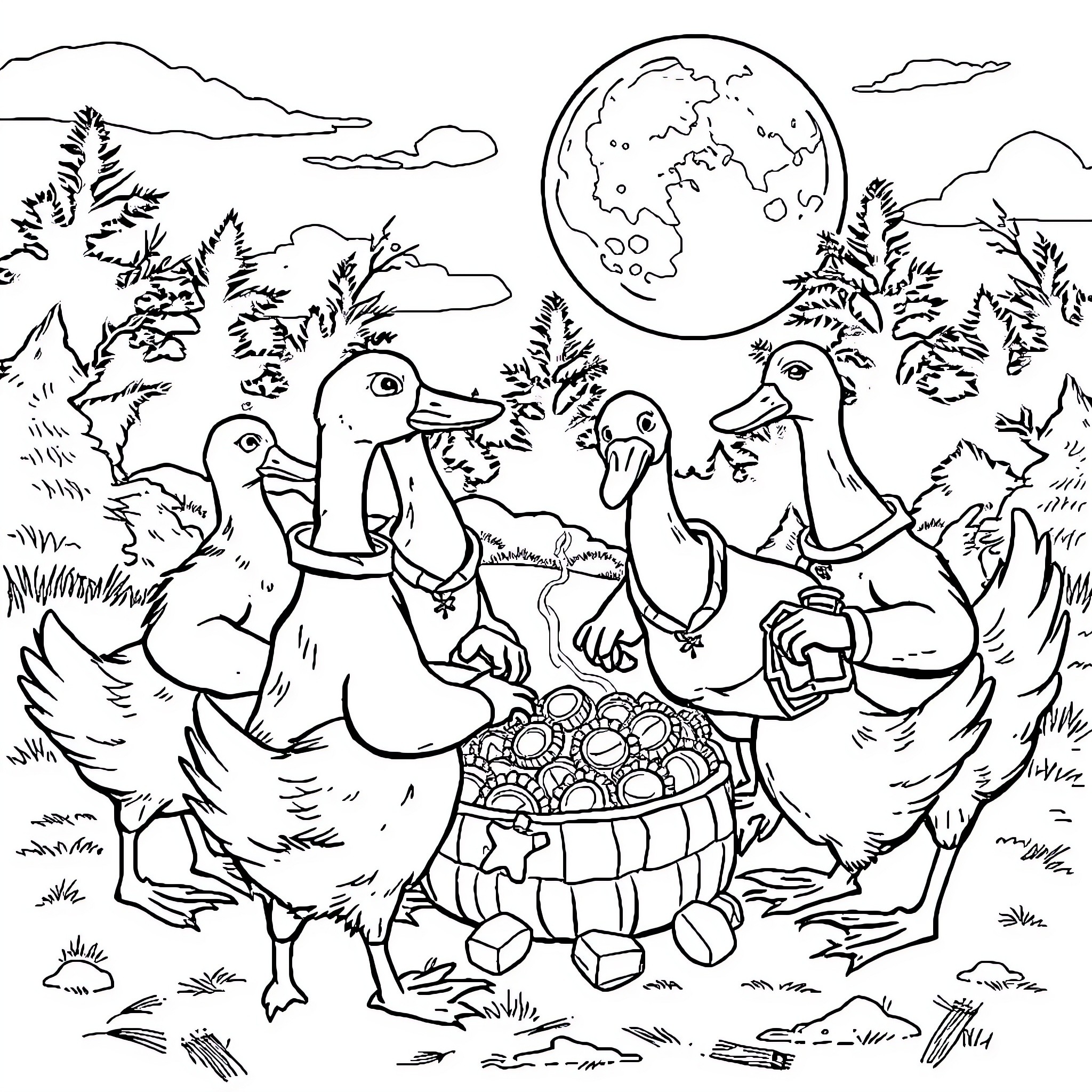 Geese Gathering a Basket of Eggs Under the Moonlight Coloring Page (free black-and-white line drawing printable PDF for all, from beginners to advanced learners, including children, teens, adults, and seniors)