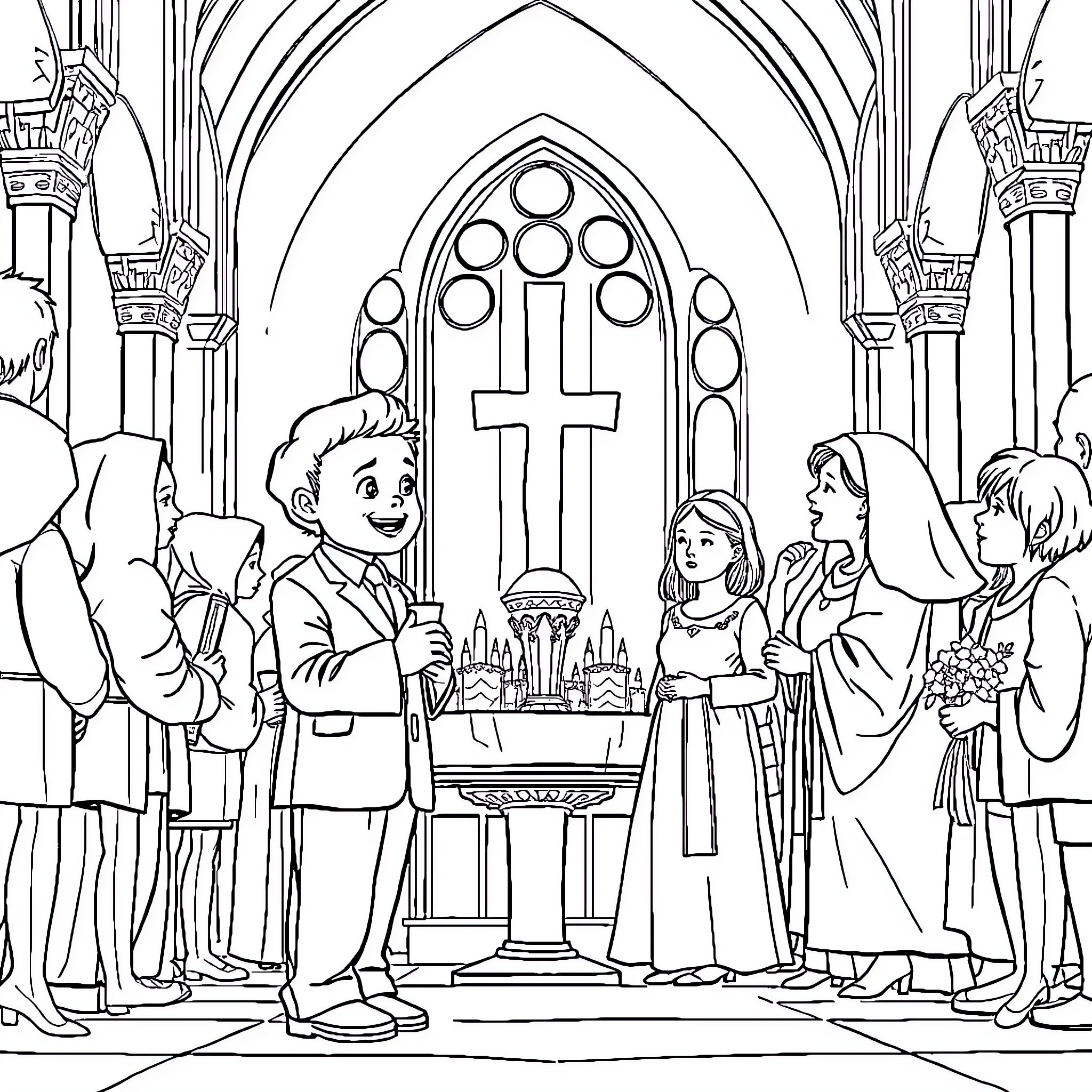 Child attending church service with family Coloring Page (free black-and-white line drawing printable PDF for all, from beginners to advanced learners, including children, teens, adults, and seniors)