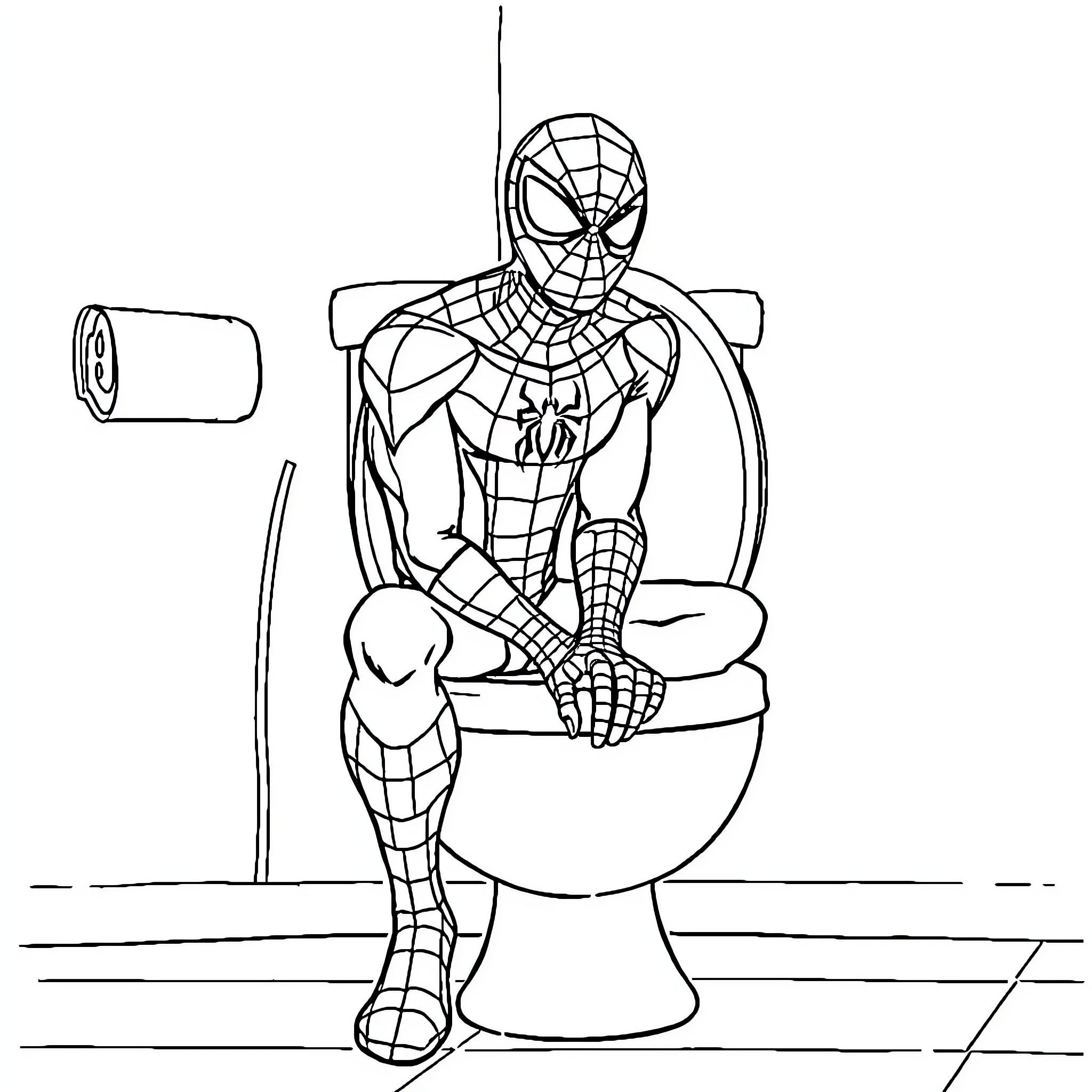 Spiderman in Amusing Bathroom Scene Coloring Page (free black-and-white line drawing printable PDF for all, from beginners to advanced learners, including children, teens, adults, and seniors)