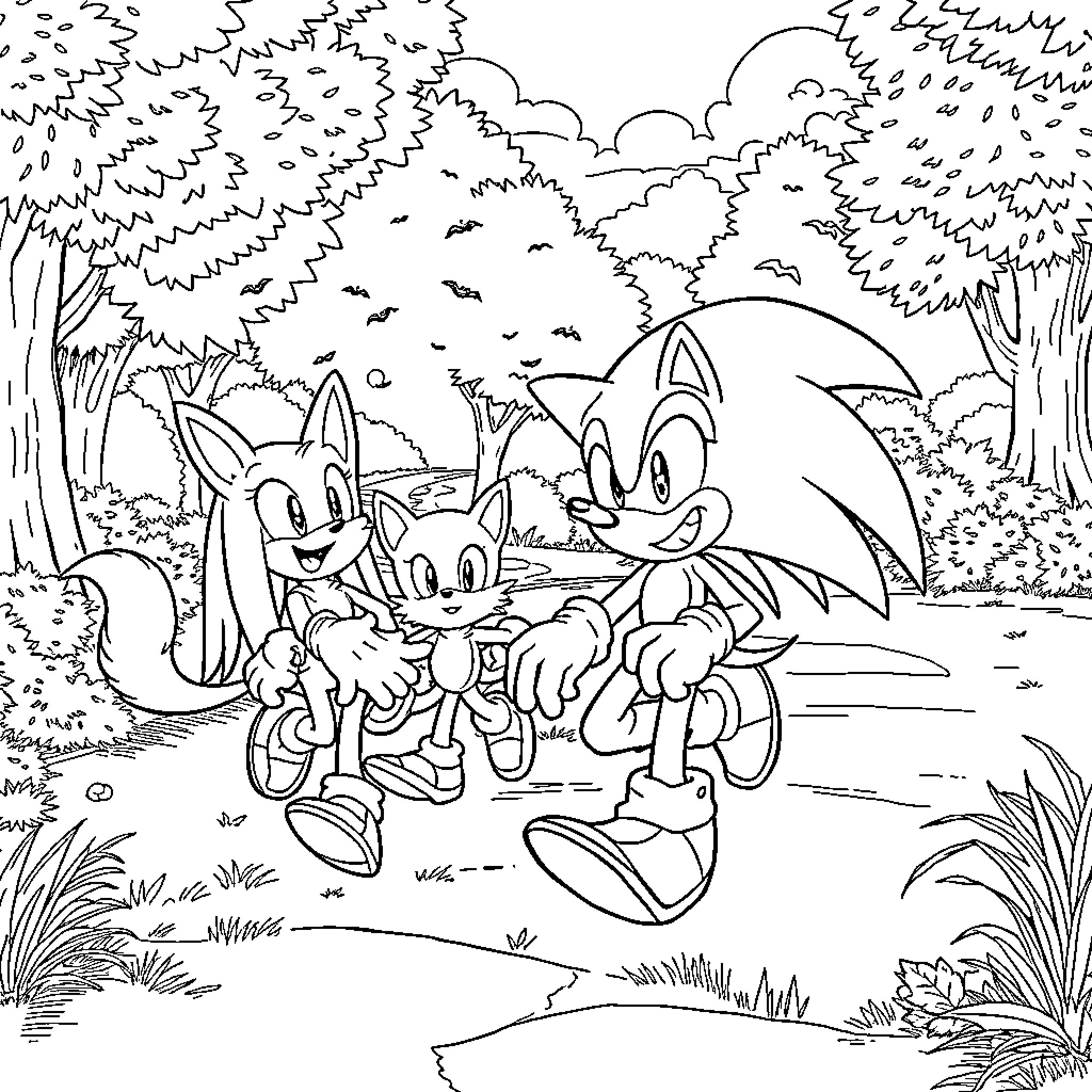 Sonic and friends exploring the forest landscape Coloring Page (free black-and-white line drawing printable PDF for all, from beginners to advanced learners, including children, teens, adults, and seniors)