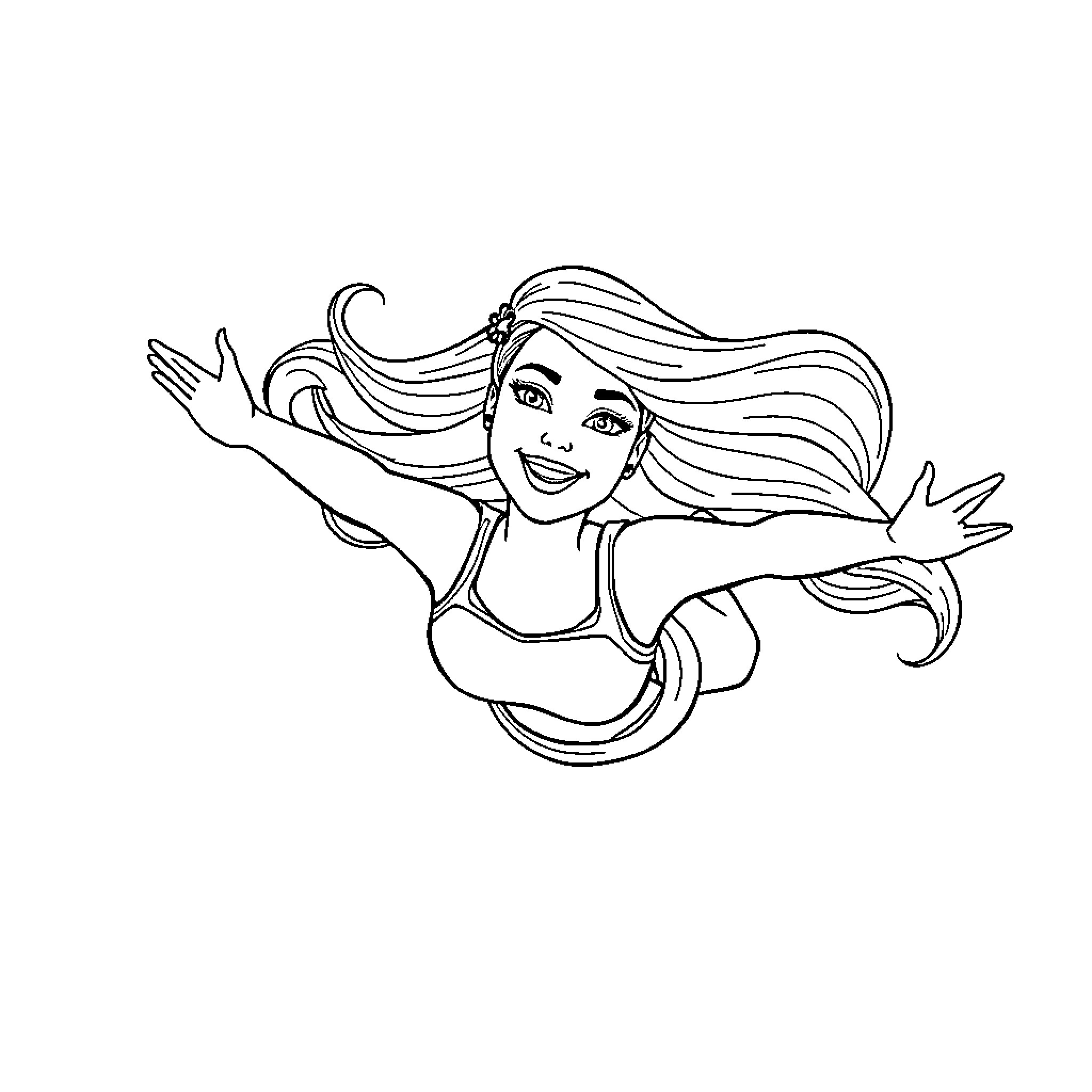 Barbie swimming joyfully in the ocean Coloring Page (free black-and-white line drawing printable PDF for all, from beginners to advanced learners, including children, teens, adults, and seniors)