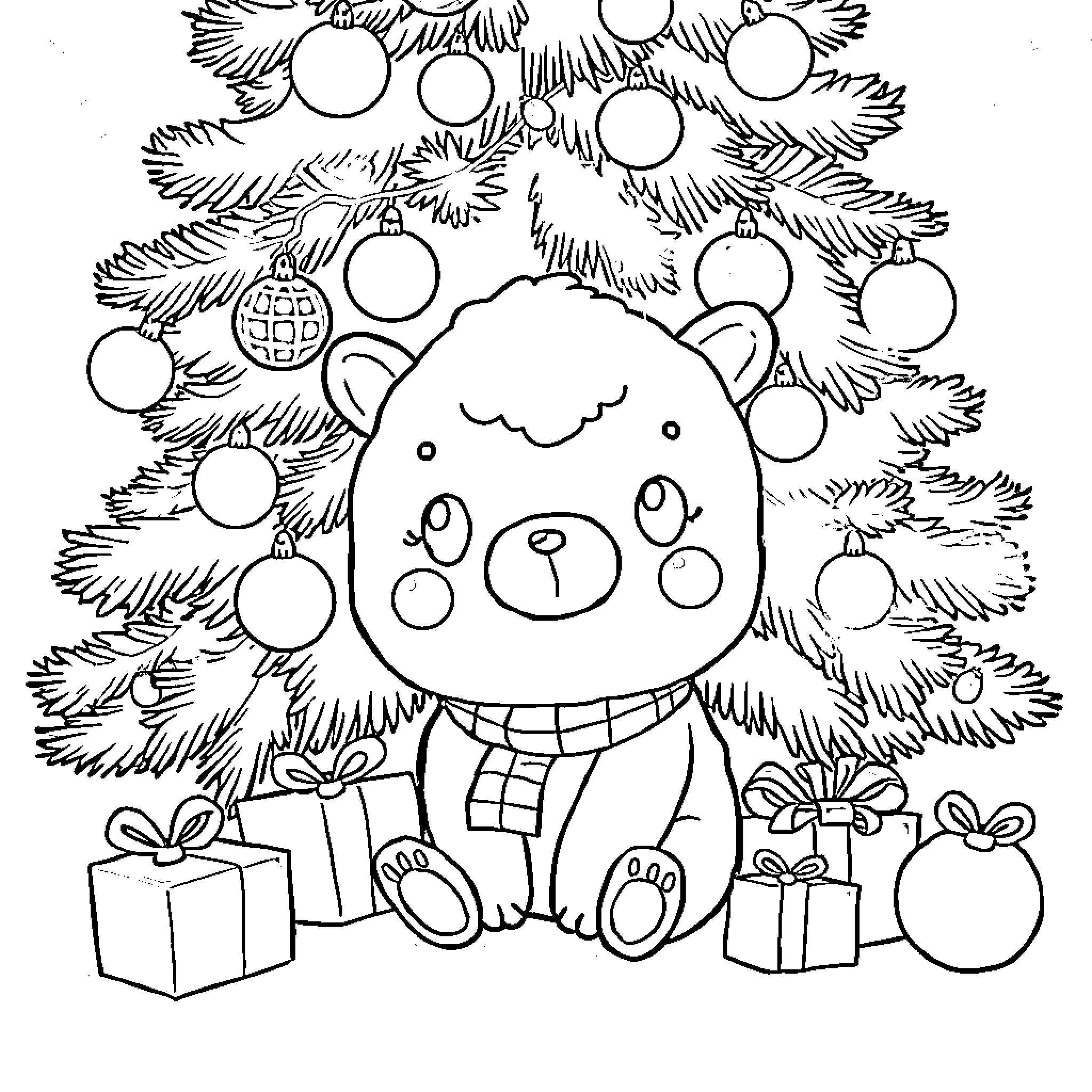 Labubu's Cozy Christmas Celebration Coloring Page (free black-and-white line drawing printable PDF for all, from beginners to advanced learners, including children, teens, adults, and seniors)