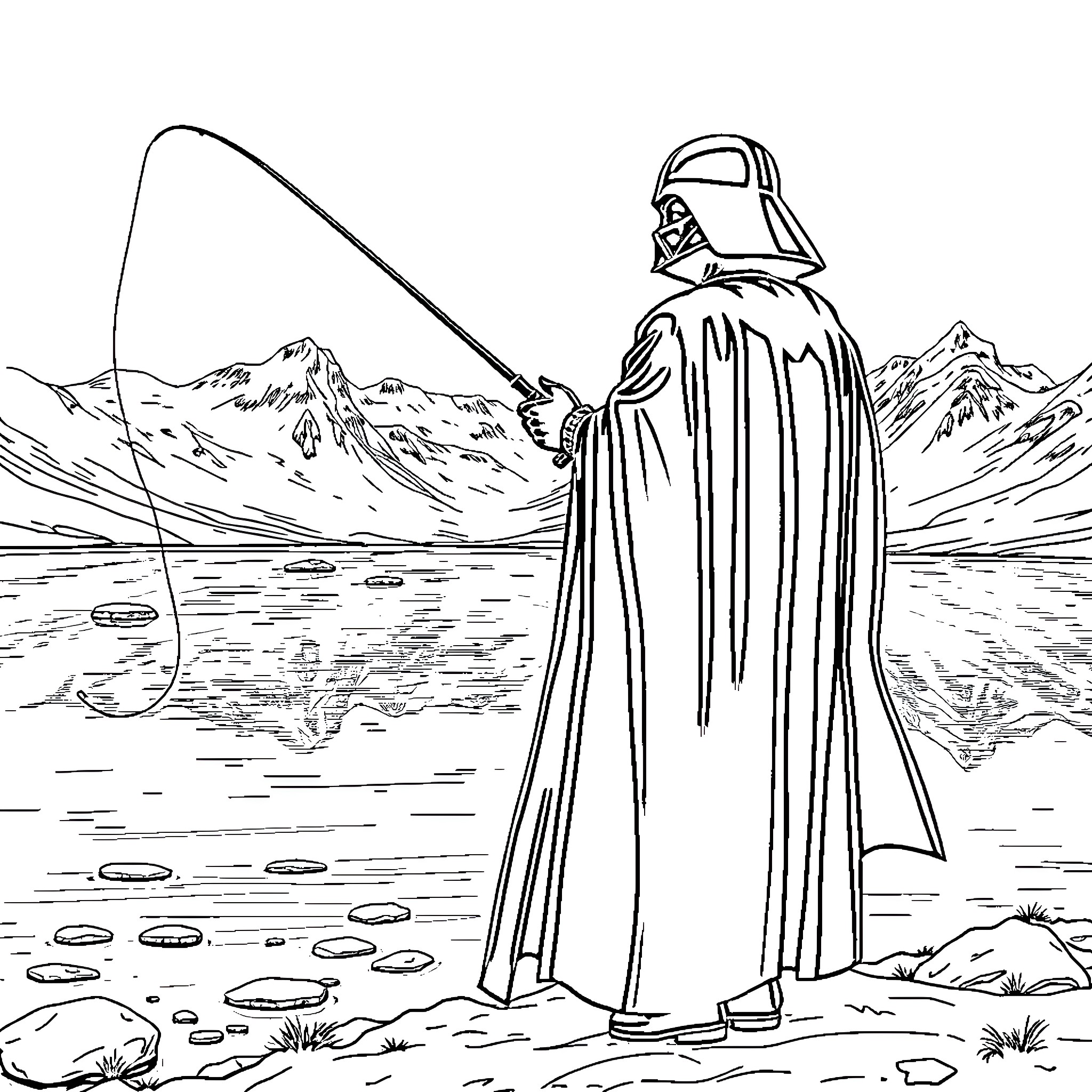 Darth Vader overlooking a scenic landscape Coloring Page (free black-and-white line drawing printable PDF for all, from beginners to advanced learners, including children, teens, adults, and seniors)
