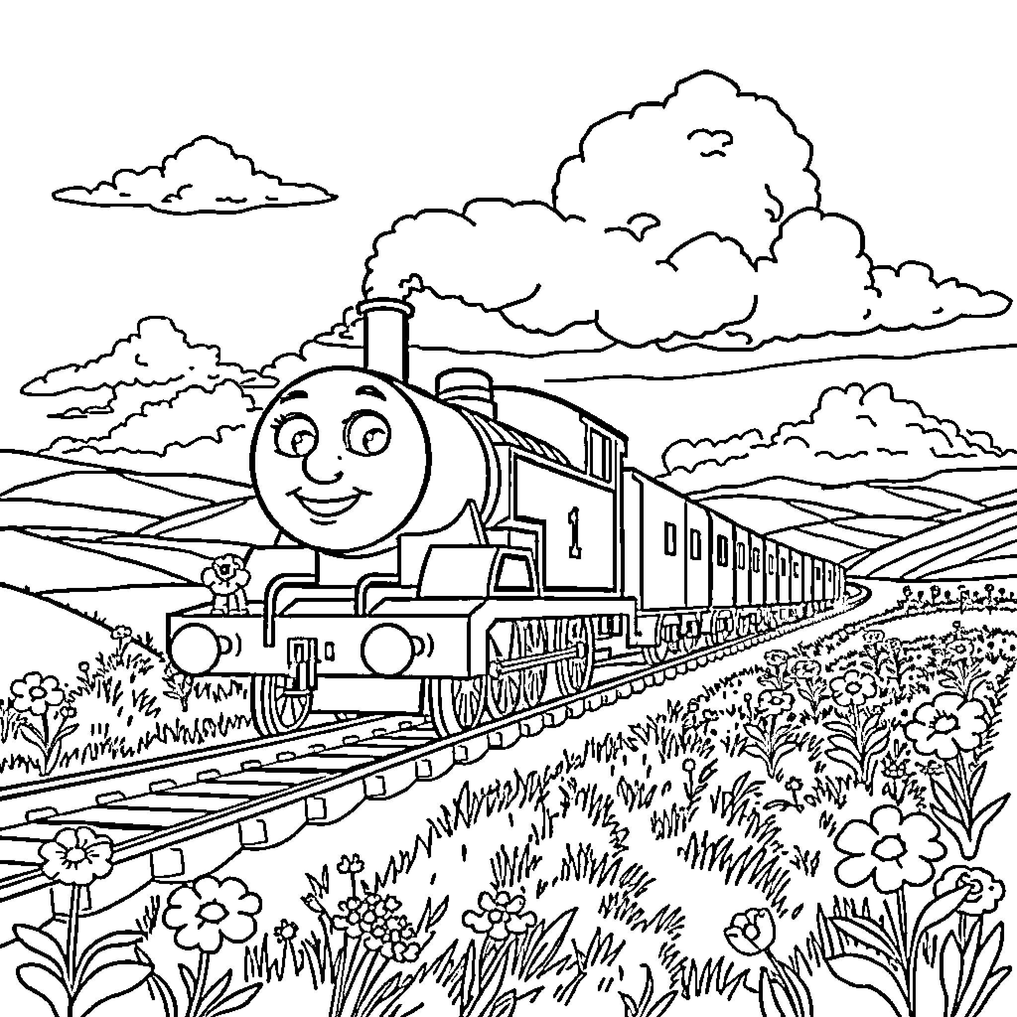 Thomas's Joyful Train Adventure through Scenic Landscapes Coloring Page (free black-and-white line drawing printable PDF for all, from beginners to advanced learners, including children, teens, adults, and seniors)