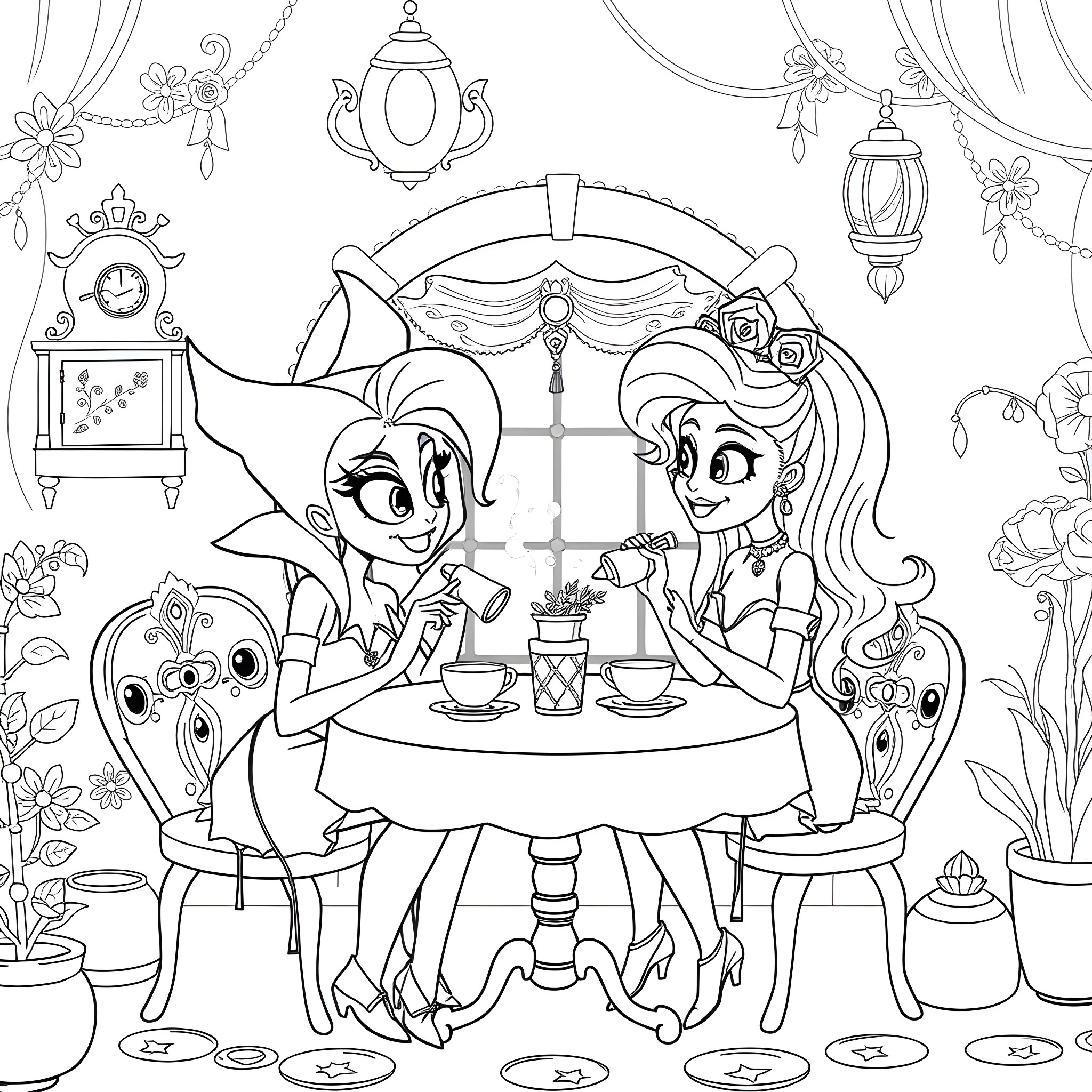 Marceline and her friend enjoying tea time Coloring Page (free black-and-white line drawing printable PDF for all, from beginners to advanced learners, including children, teens, adults, and seniors)