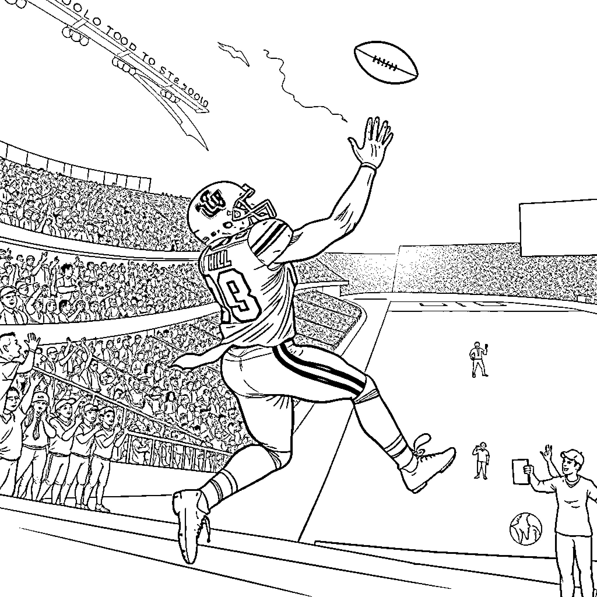 Tyrek Hill catching the football in the stadium Coloring Page (free black-and-white line drawing printable PDF for all, from beginners to advanced learners, including children, teens, adults, and seniors)