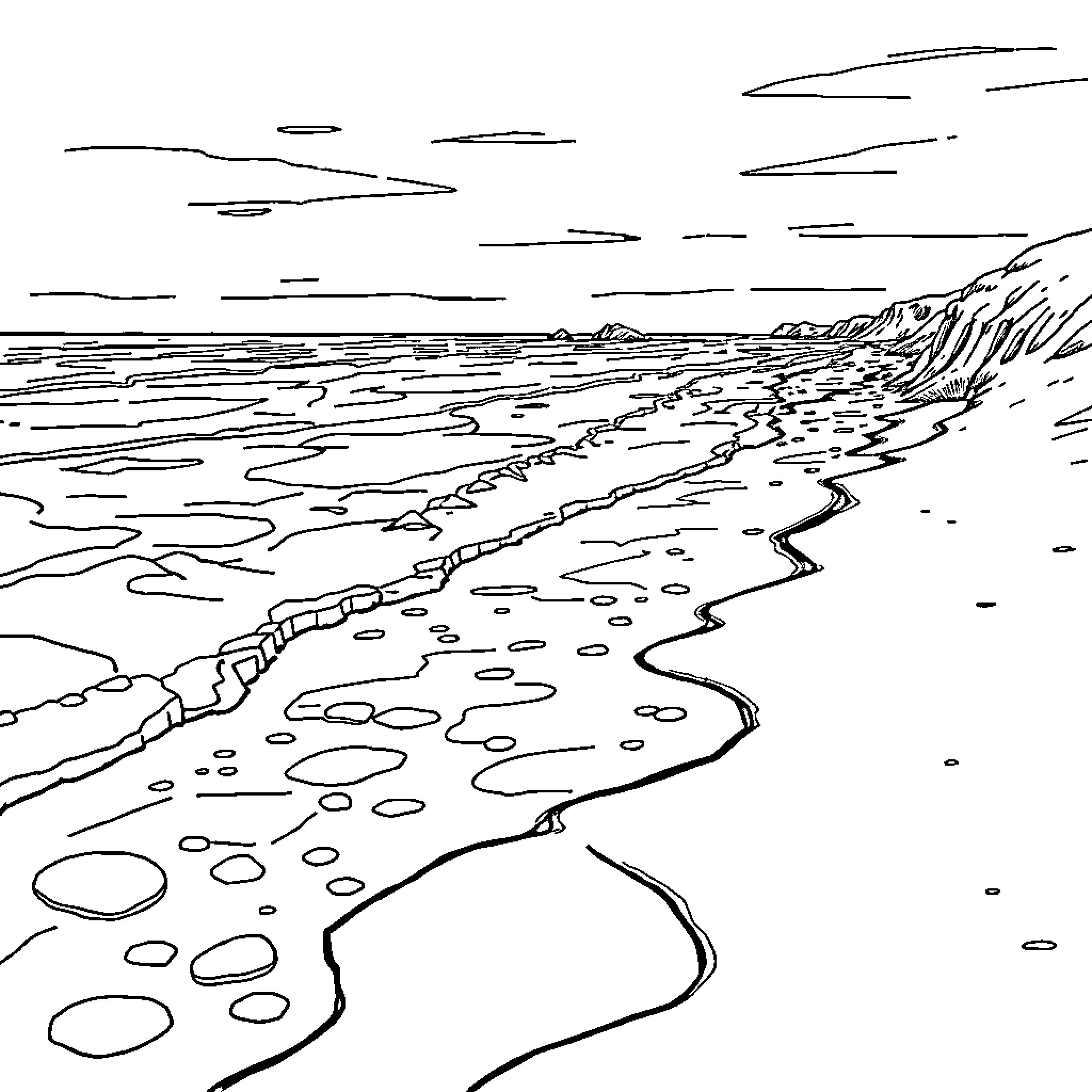 Frozen Winter Landscape with Snowy Beach and Clouds Coloring Page (free black-and-white line drawing printable PDF for all, from beginners to advanced learners, including children, teens, adults, and seniors)