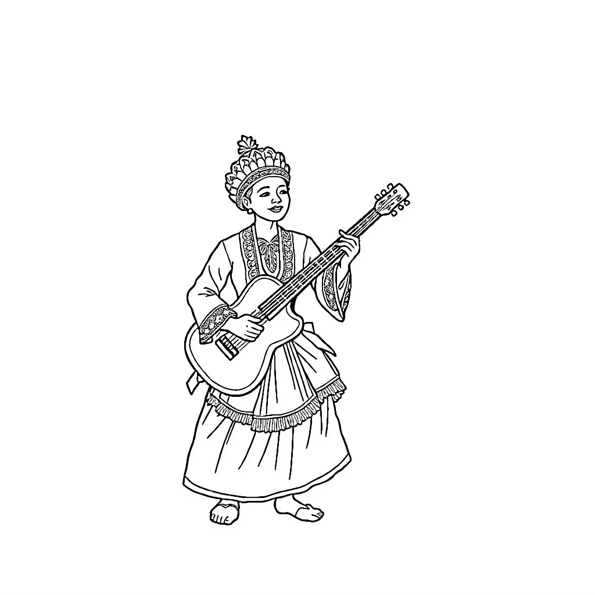 Indonesian Culture: Traditional Music and Costume Coloring Page (free black-and-white line drawing printable PDF for all, from beginners to advanced learners, including children, teens, adults, and seniors)
