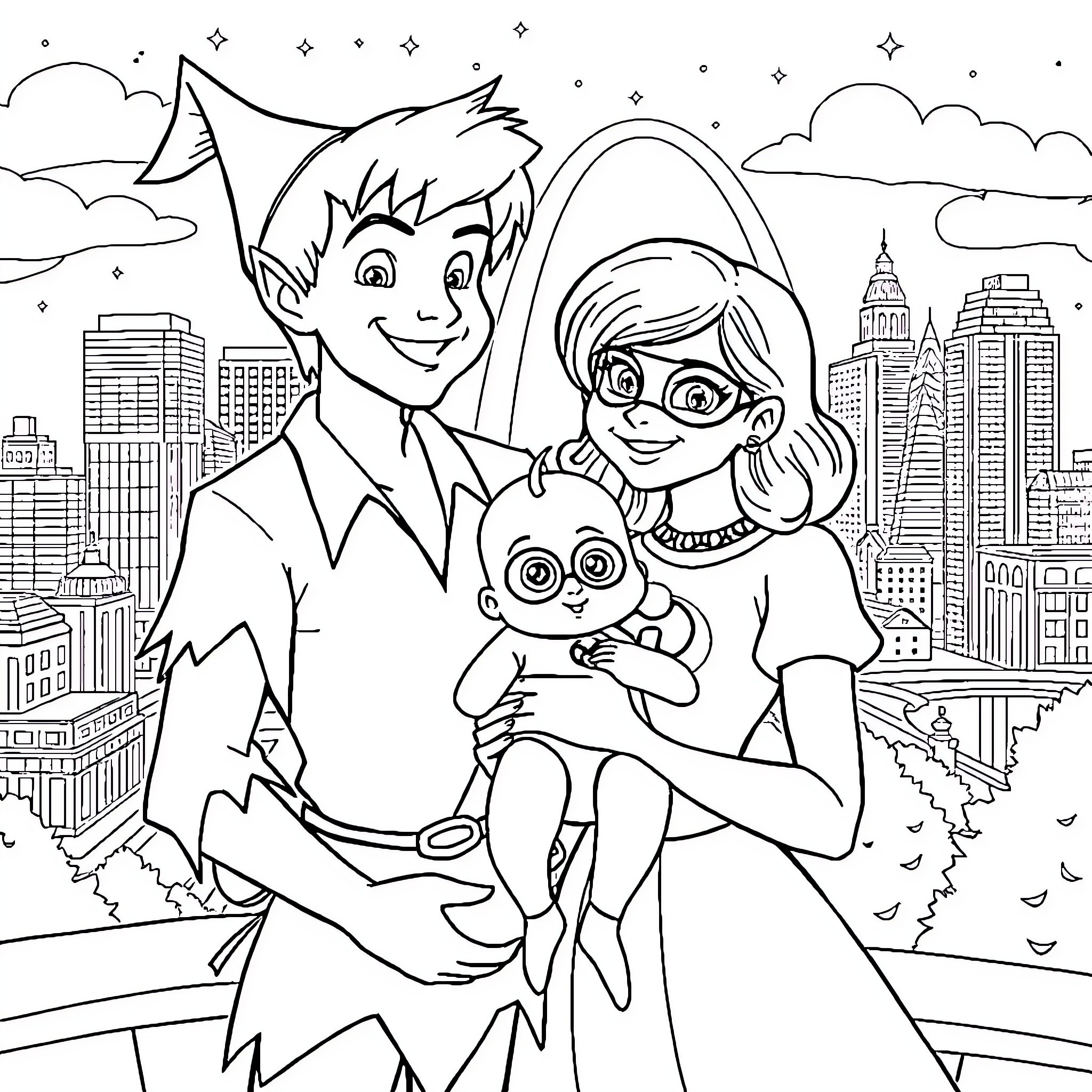 Peter Pan and His Friends Explore the City Skyline Coloring Page (free black-and-white line drawing printable PDF for all, from beginners to advanced learners, including children, teens, adults, and seniors)