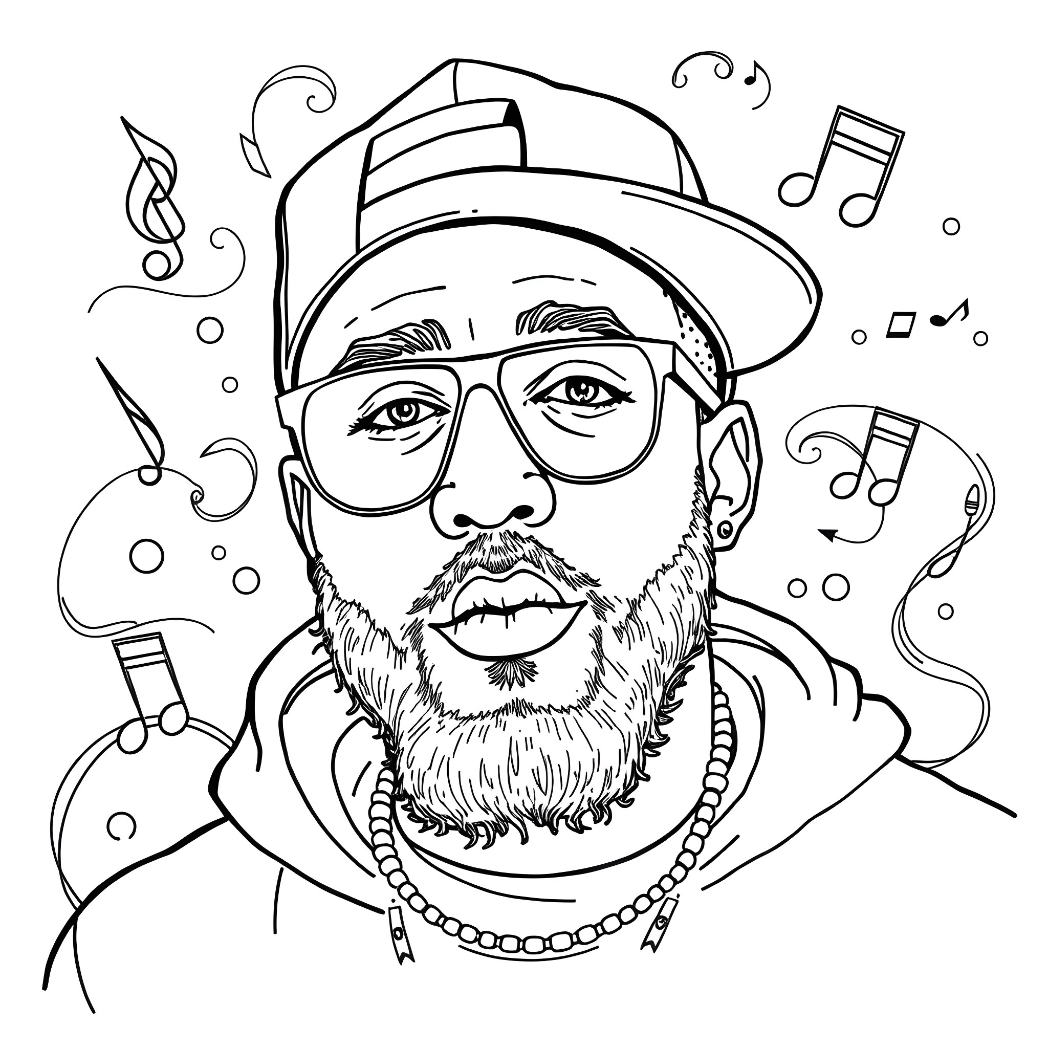 Mac Miller enjoying music with hat and beard Coloring Page (free black-and-white line drawing printable PDF for all, from beginners to advanced learners, including children, teens, adults, and seniors)
