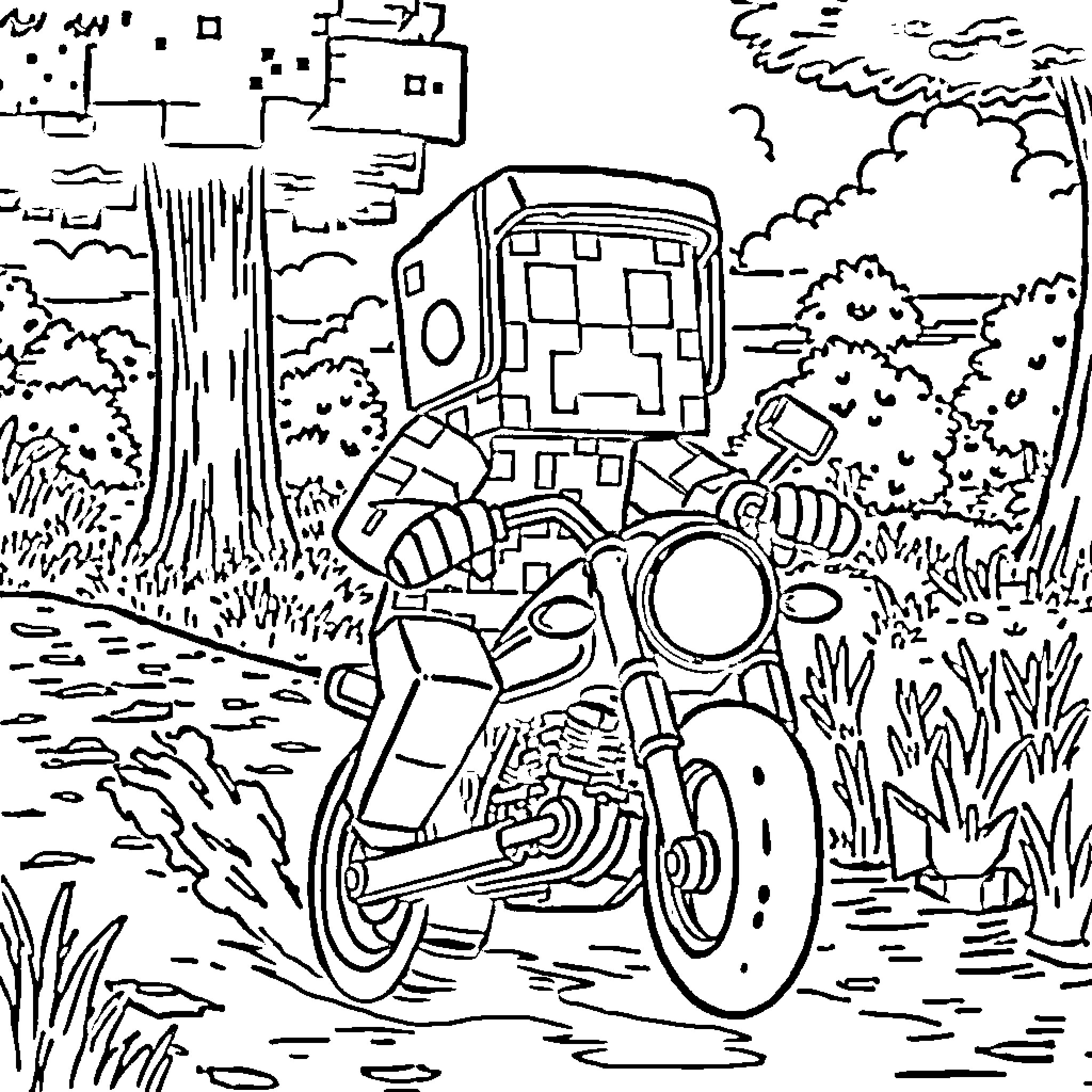 Creeper's Whimsical Escapade in the Enchanted Forest Coloring Page (free black-and-white line drawing printable PDF for all, from beginners to advanced learners, including children, teens, adults, and seniors)