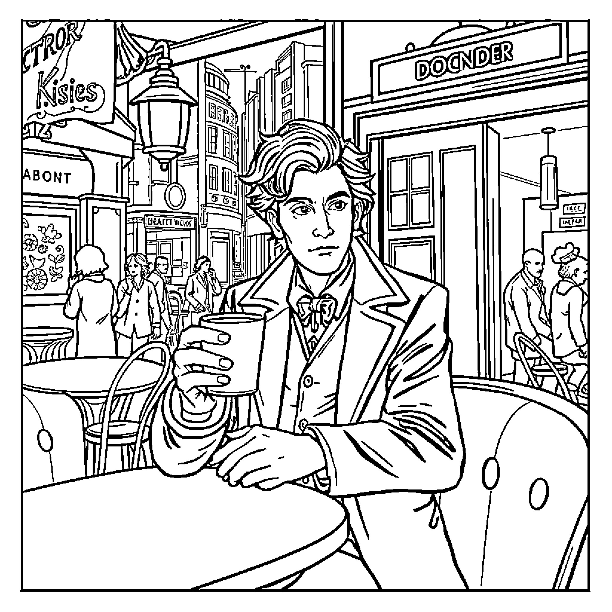 Doctor Enjoys Afternoon Beverage in Lively Street Scene Coloring Page (free black-and-white line drawing printable PDF for all, from beginners to advanced learners, including children, teens, adults, and seniors)