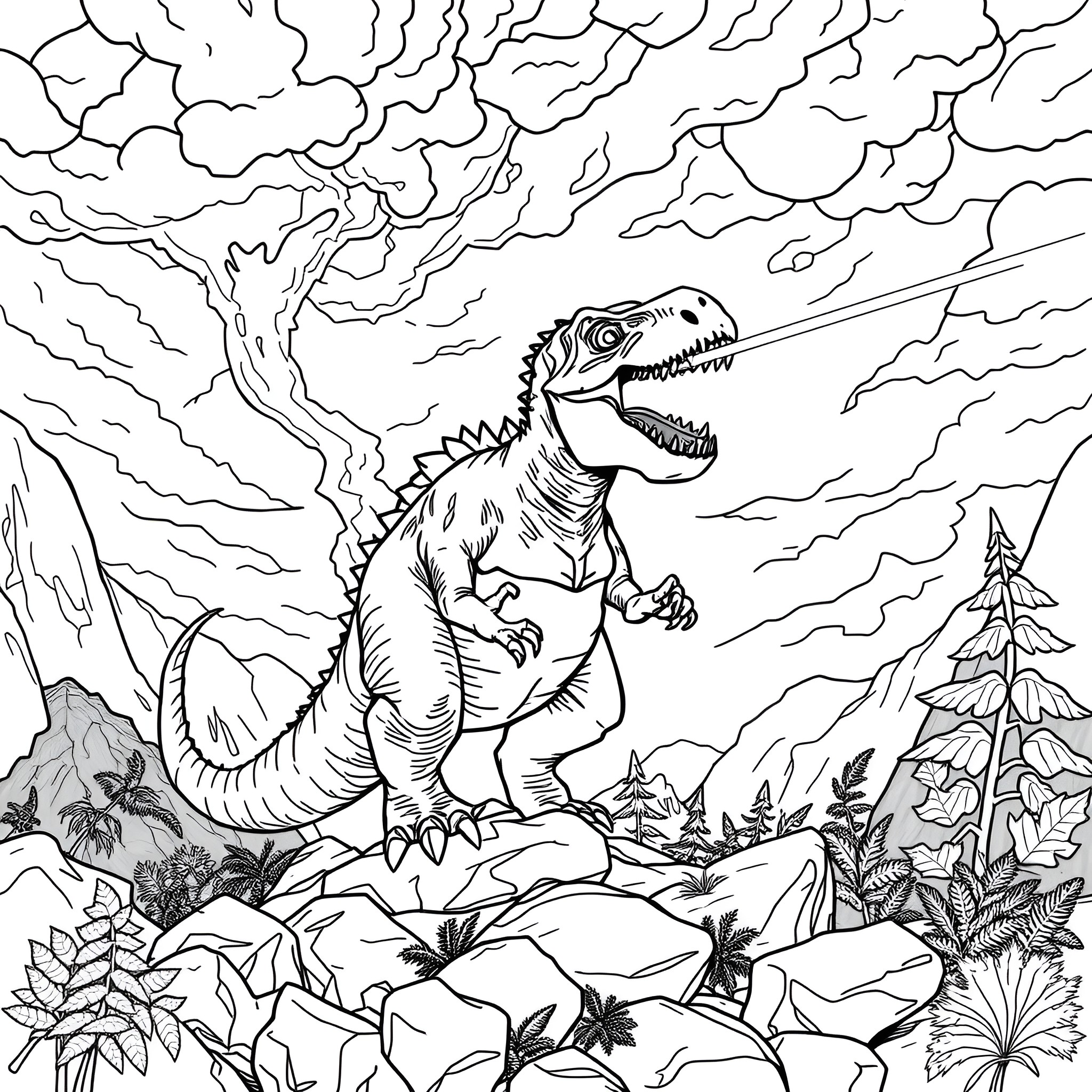 Dino Roaring Amidst Prehistoric Landscape Coloring Page (free black-and-white line drawing printable PDF for all, from beginners to advanced learners, including children, teens, adults, and seniors)