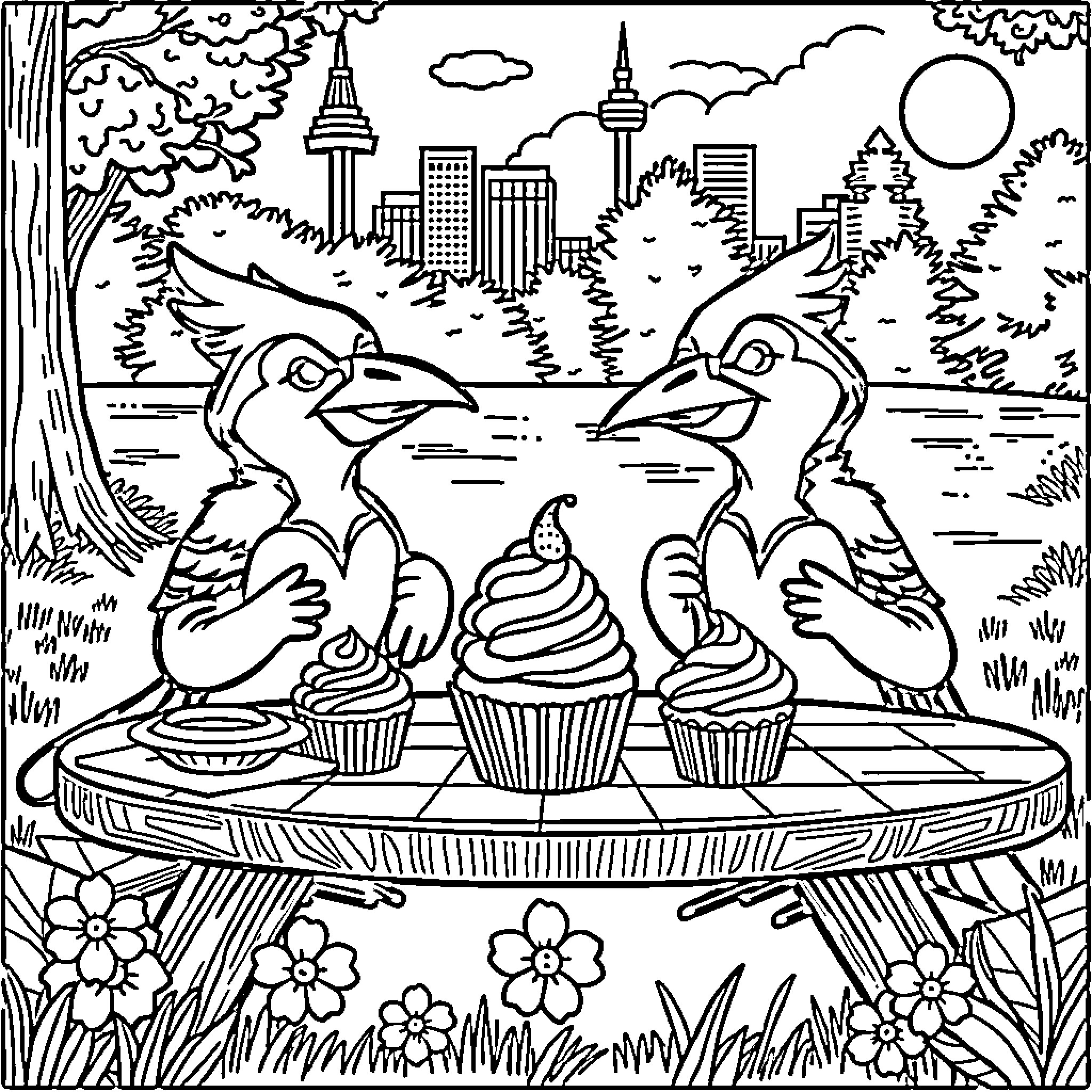 Blue Jays enjoying cupcakes in the city park Coloring Page (free black-and-white line drawing printable PDF for all, from beginners to advanced learners, including children, teens, adults, and seniors)