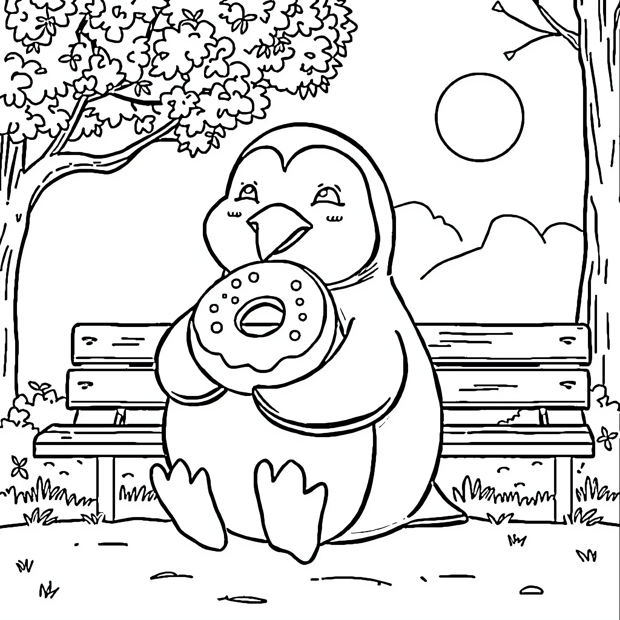 Penguin enjoying a donut on a park bench Coloring Page (free black-and-white line drawing printable PDF for all, from beginners to advanced learners, including children, teens, adults, and seniors)
