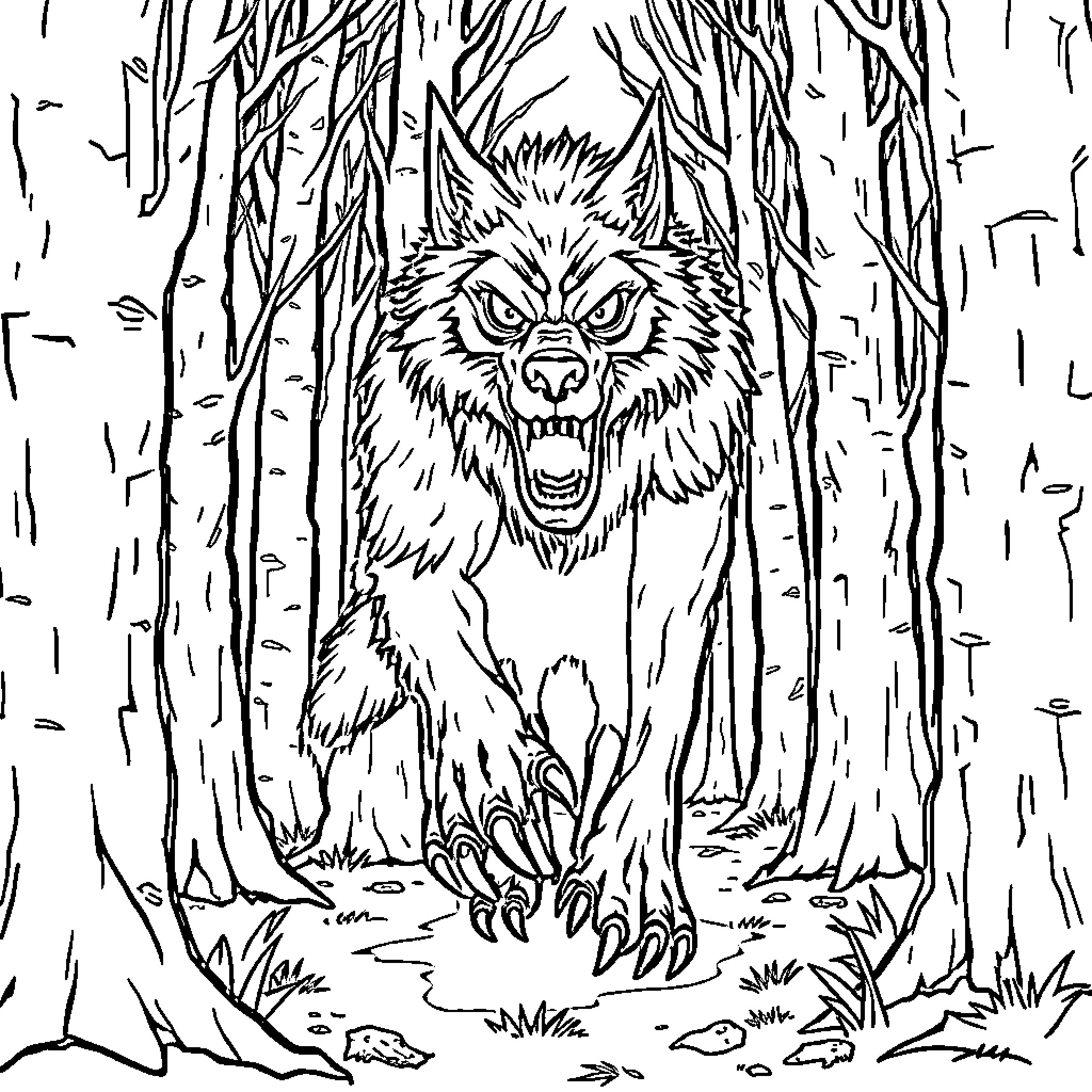Werewolf snarling menacingly in the forest Coloring Page (free black-and-white line drawing printable PDF for all, from beginners to advanced learners, including children, teens, adults, and seniors)