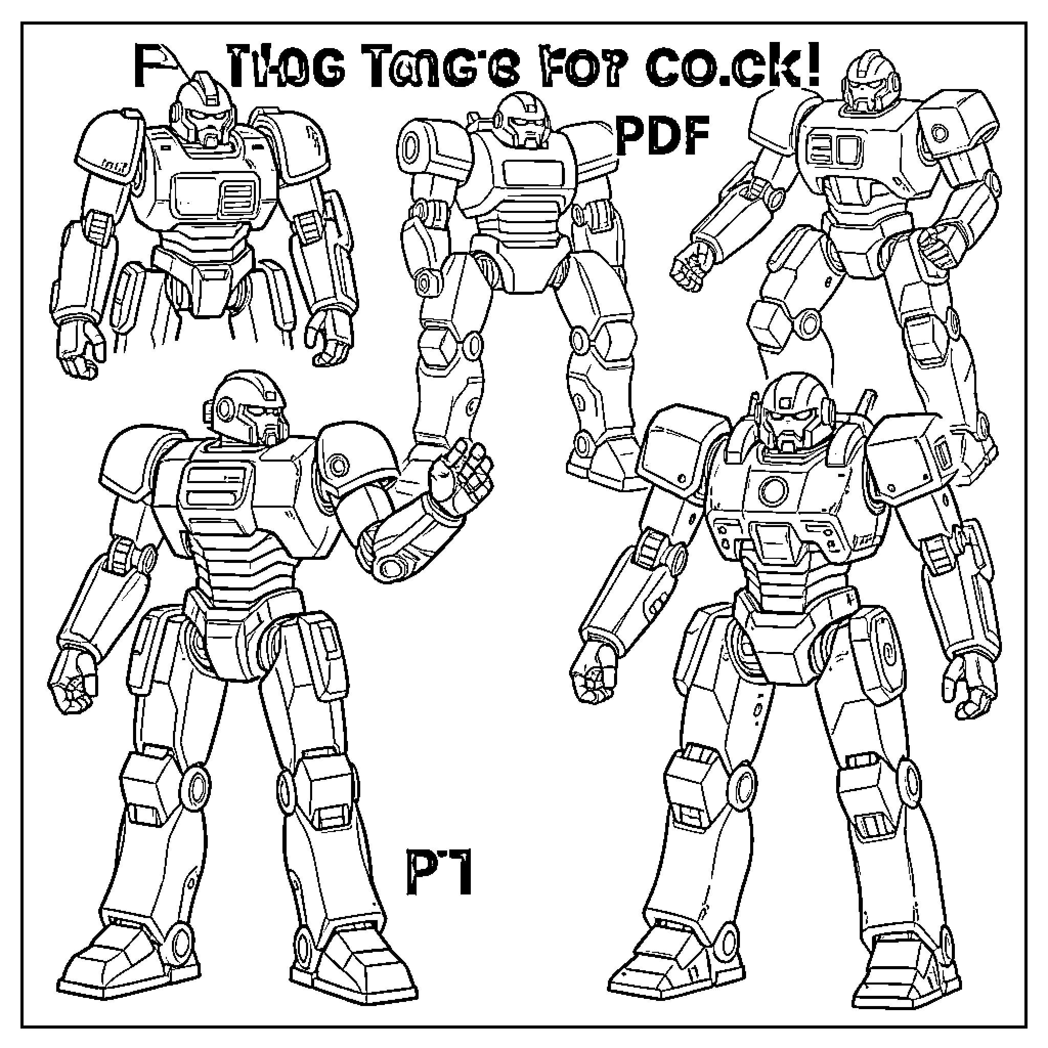Robot Figures in Various Poses and Expressions Coloring Page (free black-and-white line drawing printable PDF for all, from beginners to advanced learners, including children, teens, adults, and seniors)