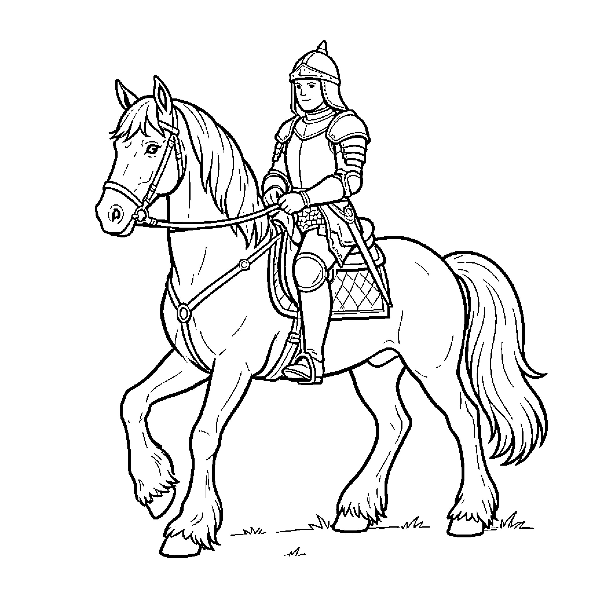 Knight in full armor riding a horse Coloring Page (free black-and-white line drawing printable PDF for all, from beginners to advanced learners, including children, teens, adults, and seniors)