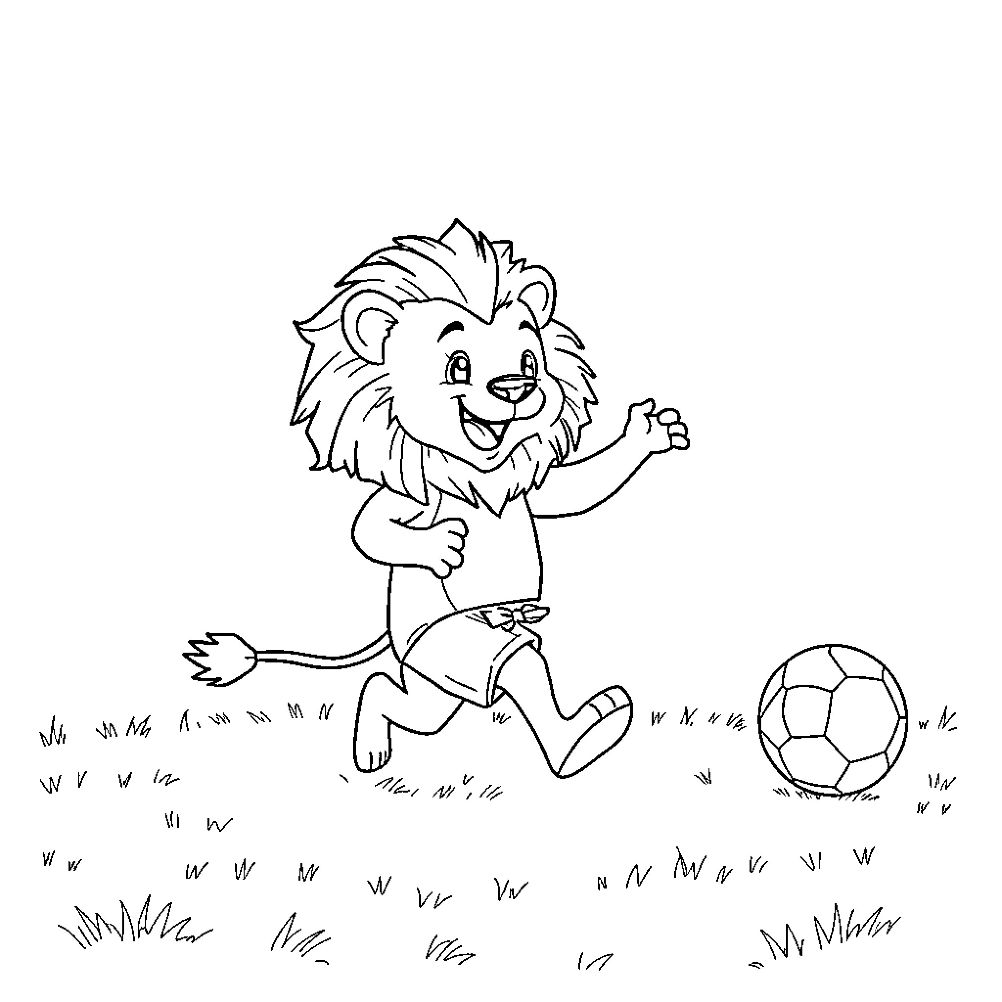 Leon the Lion Happily Kicking Soccer Ball Coloring Page (free black-and-white line drawing printable PDF for all, from beginners to advanced learners, including children, teens, adults, and seniors)