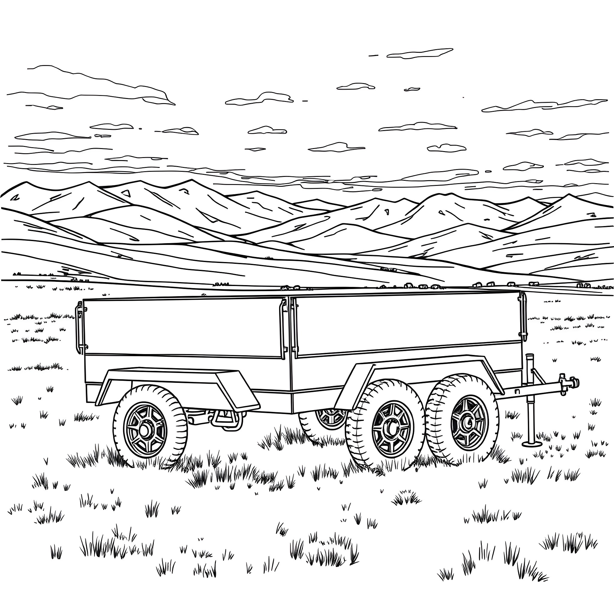 Car Trailer in Mountainous Landscape Coloring Page (free black-and-white line drawing printable PDF for all, from beginners to advanced learners, including children, teens, adults, and seniors)