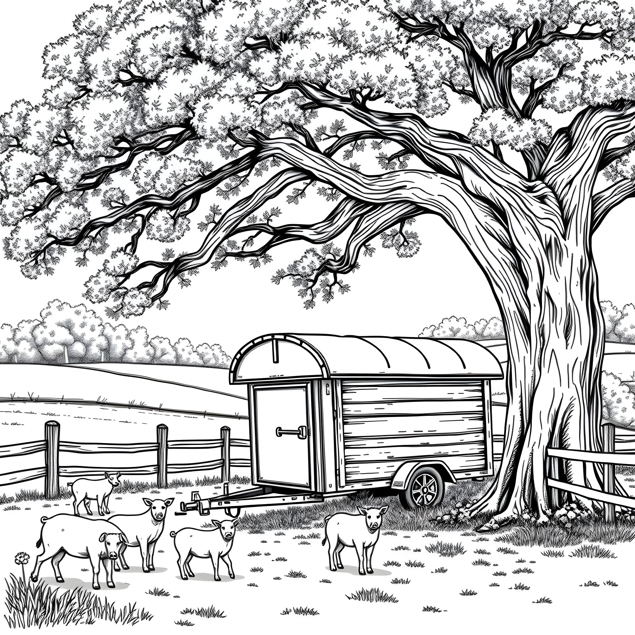 Pig farm under the blossoming tree Coloring Page (free black-and-white line drawing printable PDF for all, from beginners to advanced learners, including children, teens, adults, and seniors)