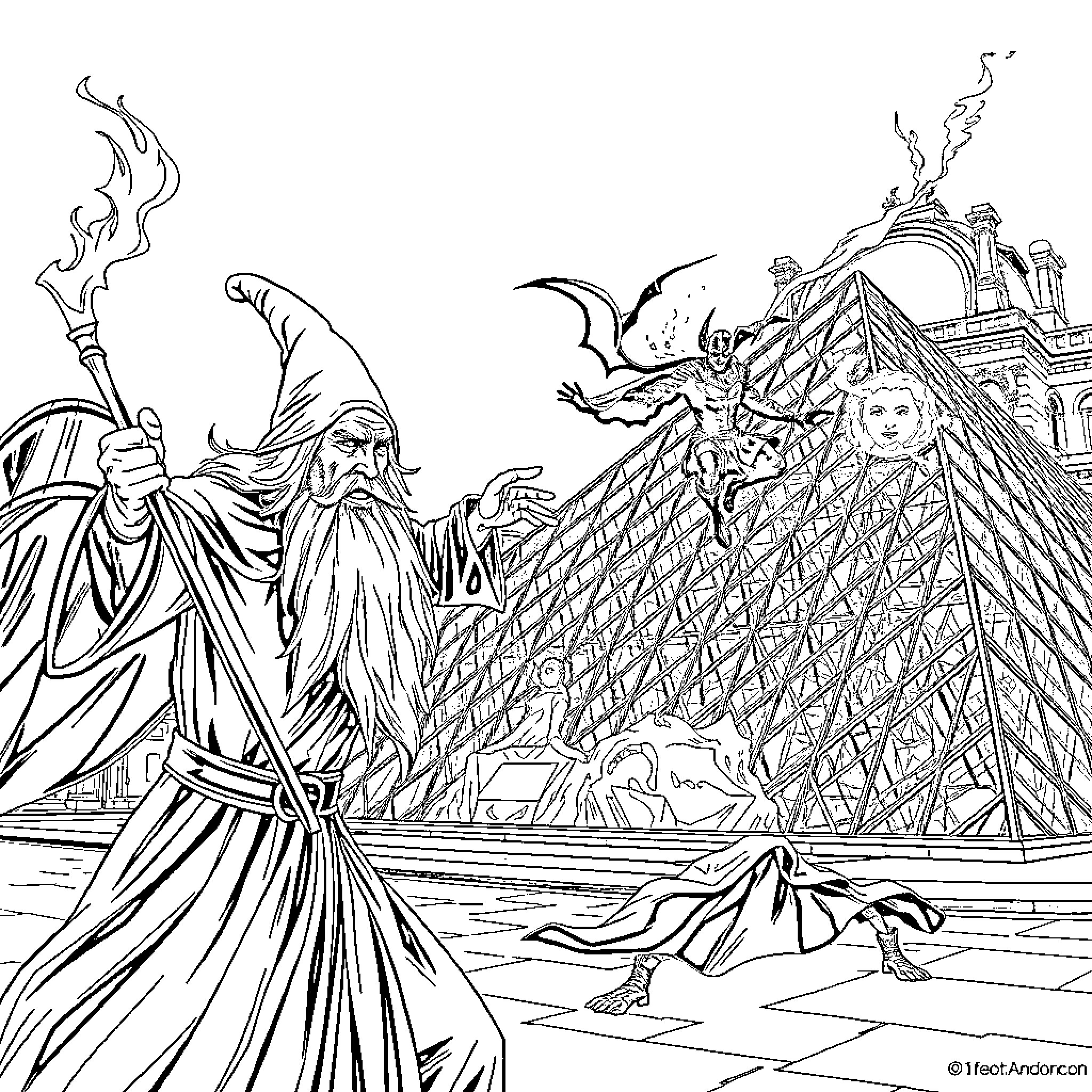 Gandalf facing a fiery demon in a fantastical scene Coloring Page (free black-and-white line drawing printable PDF for all, from beginners to advanced learners, including children, teens, adults, and seniors)
