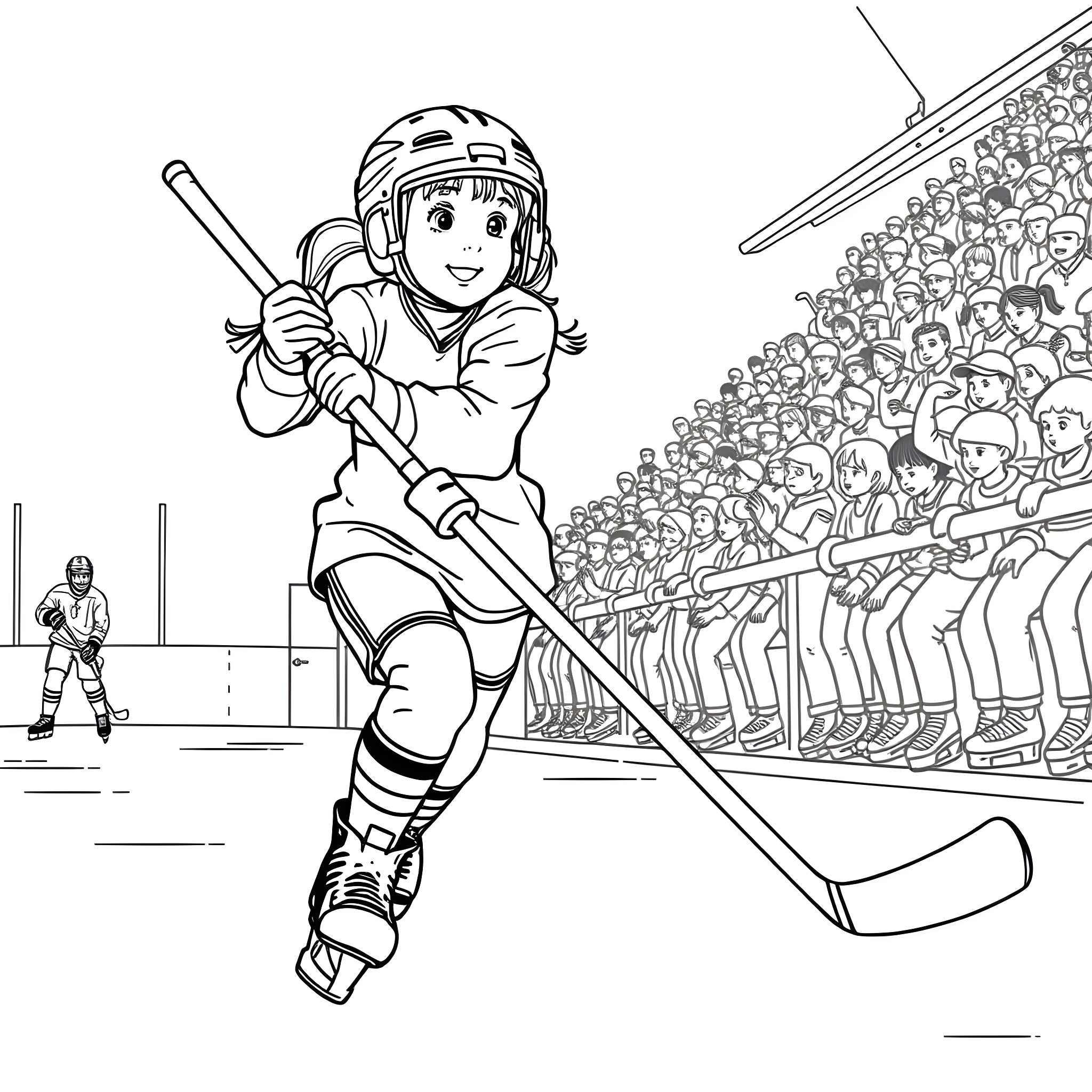 Girl playing hockey in the stadium Coloring Page (free black-and-white line drawing printable PDF for all, from beginners to advanced learners, including children, teens, adults, and seniors)
