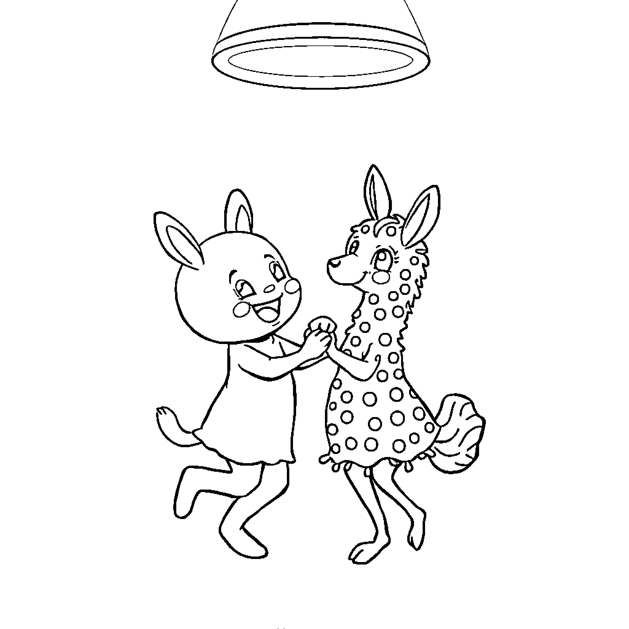 Labubu and Spotted Friend Dancing Under Light Coloring Page (free black-and-white line drawing printable PDF for all, from beginners to advanced learners, including children, teens, adults, and seniors)