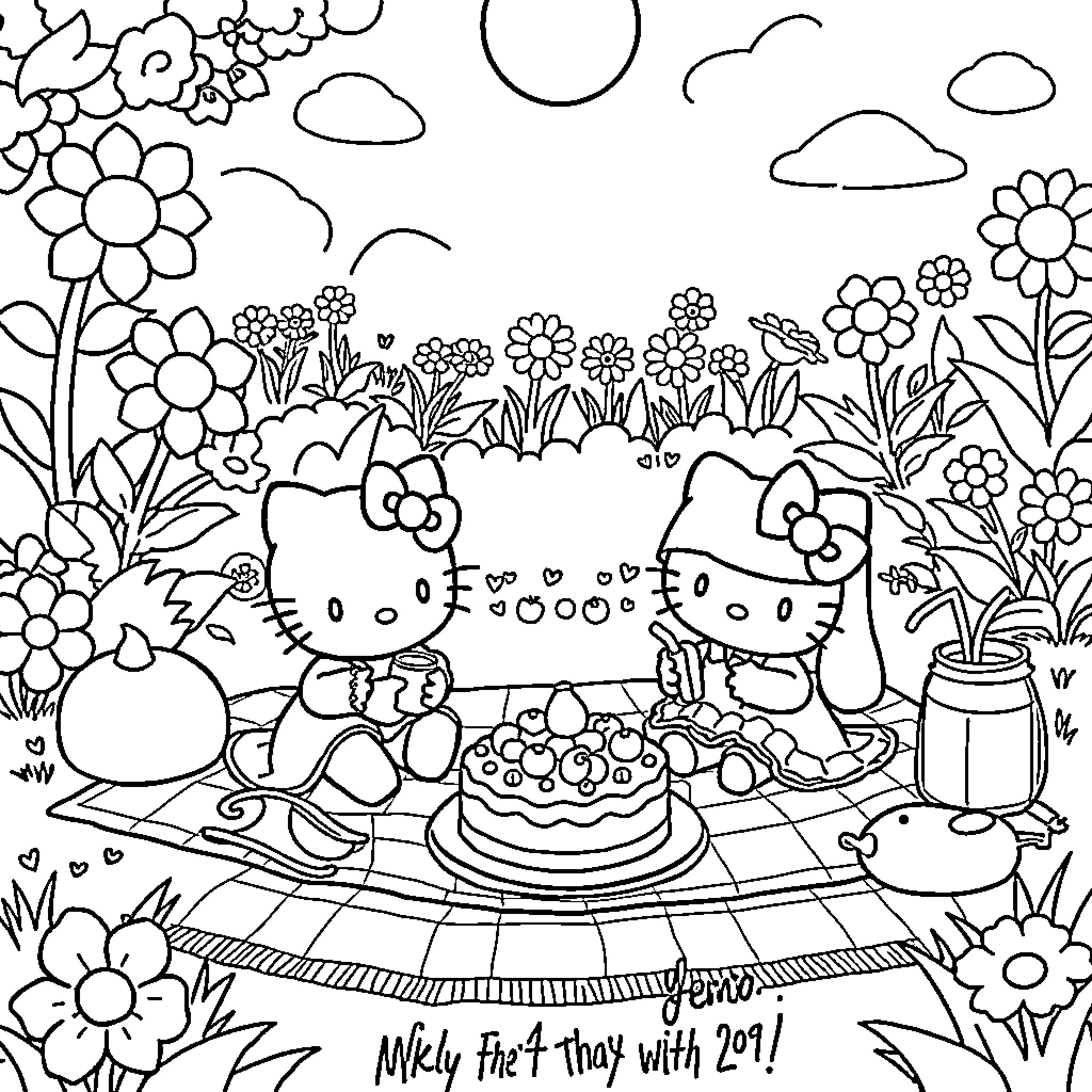Hello Kitty having a picnic with friends Coloring Page (free black-and-white line drawing printable PDF for all, from beginners to advanced learners, including children, teens, adults, and seniors)
